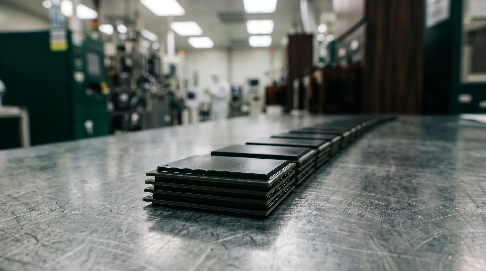 Gestapelde zwarte computerchips op metalen werktafel in industriële fabriek met fluorescente verlichting