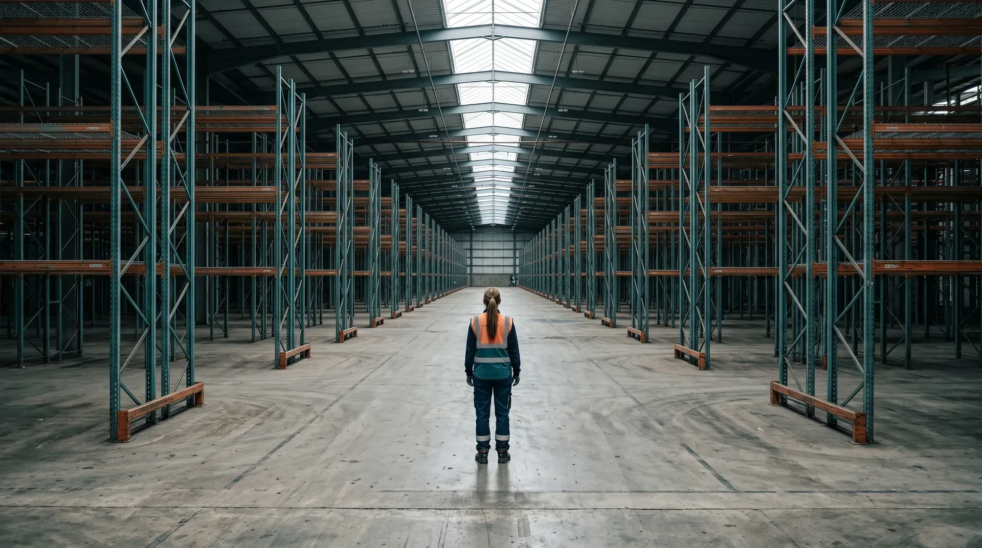 Werknemer in oranje veiligheidsvest staat alleen in een lange, lege industriële hal met stalen rekken