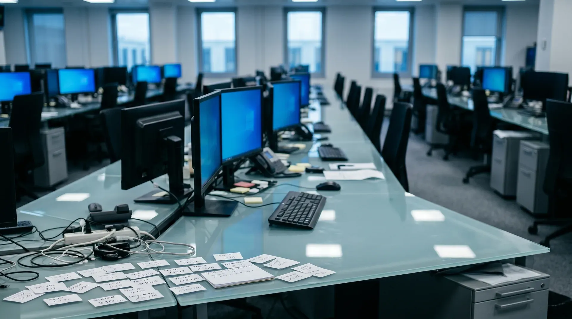 Computerlab met rijen beeldschermen en toetsenborden; voorgrond toont notities op glazen tafel.