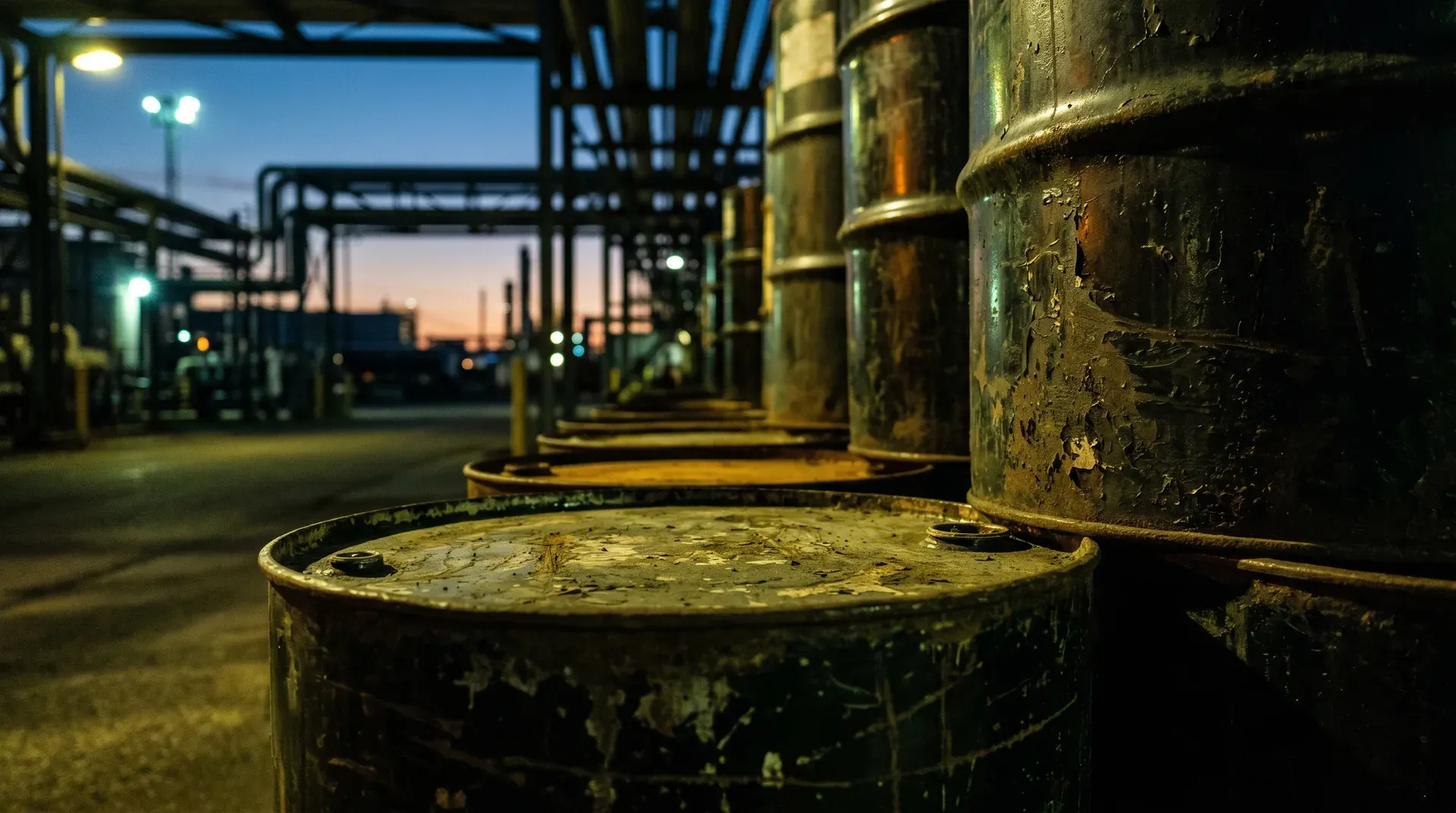 Roestige industriële tanks en pijpen bij schemer in olieraffinaderij met verlichte faciliteiten op achtergrond