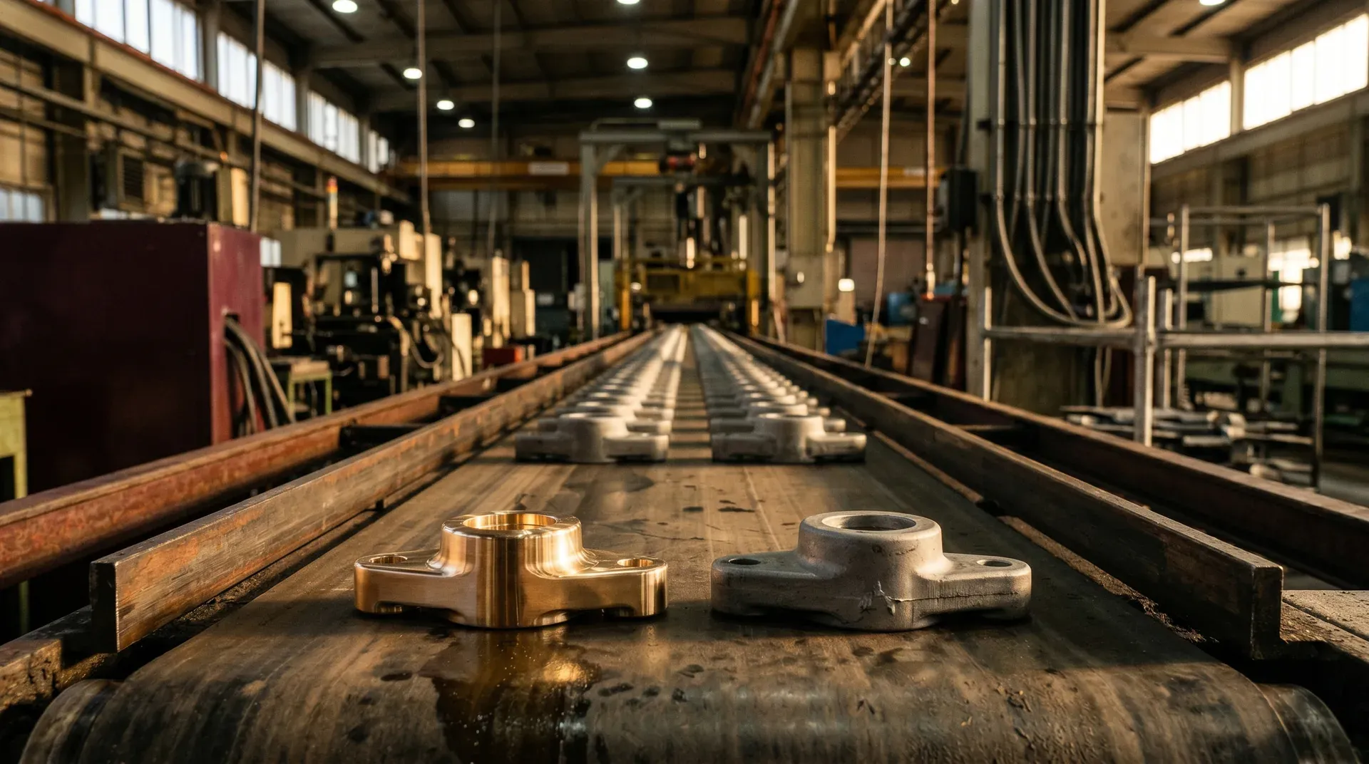 Industriële fabrieksvloer met grijze en gouden metalen onderdelen op transportband, werkplaats op achtergrond