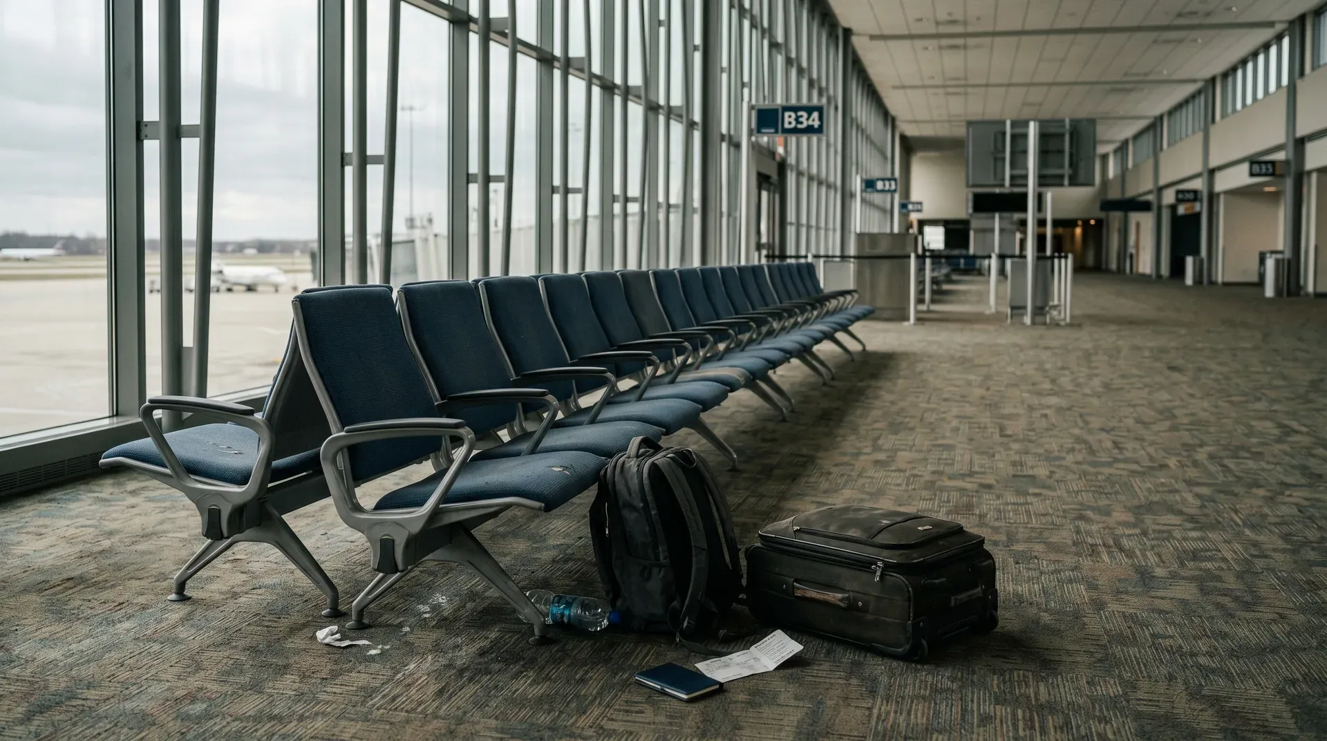 Lege vliegtuigterminale met rijen blauwe stoelen, bagage en documenten op de vloer, uitkijkend op start- en landingsbaan