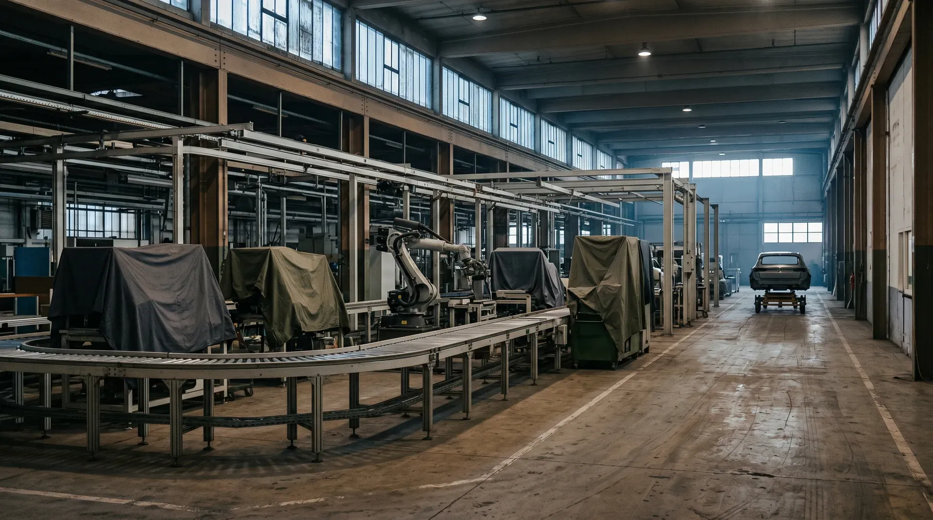 Industriële fabriekhal met assemblage-equipment, transportbanden en afgedekte machines, auto op achtergrond.