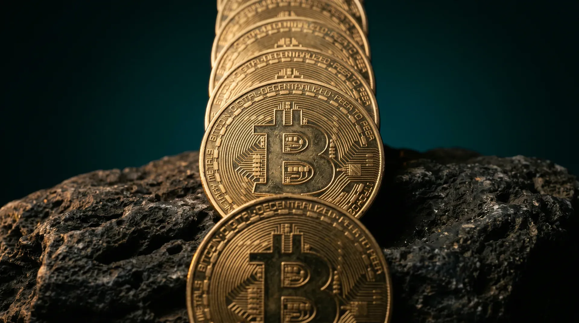 Gestapelde gouden Bitcoin-munten op rots tegen donkerblauwe achtergrond