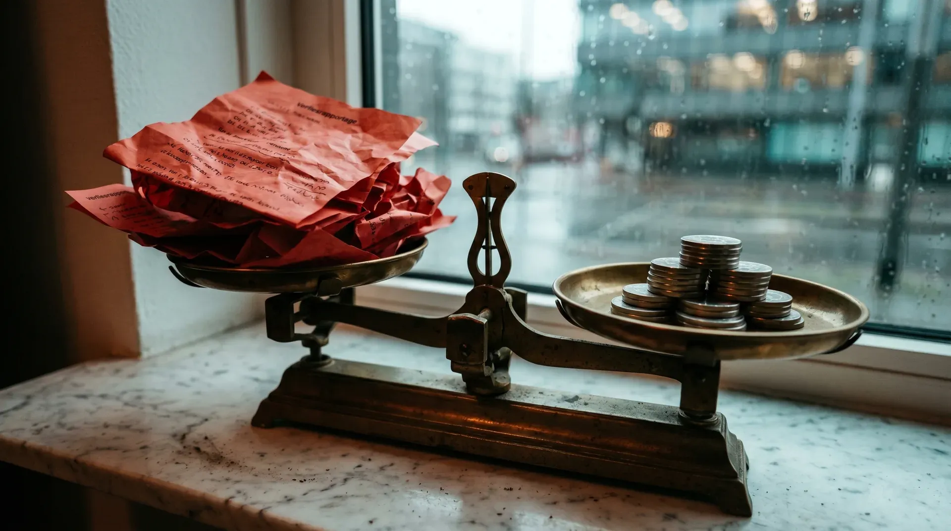 Vintage weegschaal met rode documenten en stapel munten op marmeren vensterbank