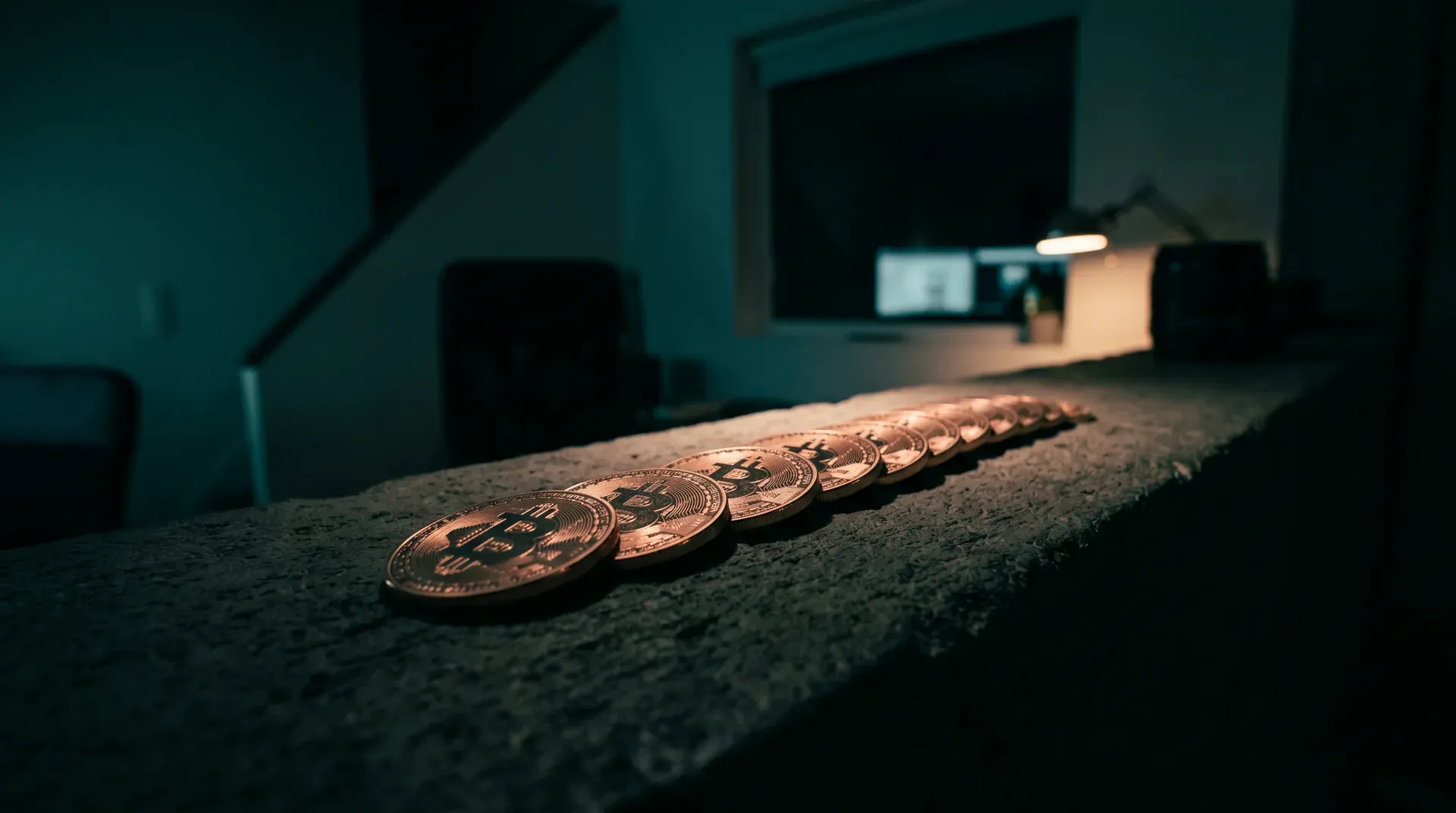 Rij glanzende bitcoins op grijze oppervlak onder turquoise licht in donkere ruimte.