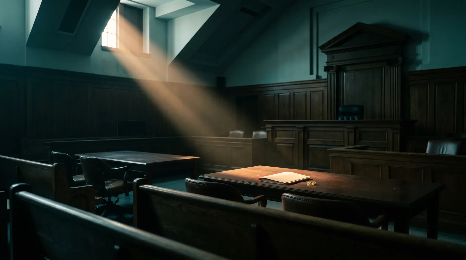 Lege rechtszaal met houten bankjes, rechtersstoel en ramen met invallend licht