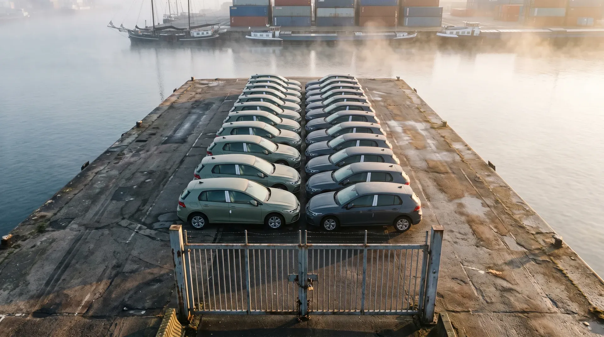 Rijen nieuwe auto's geparkeerd op havenkaai met schepen en containers op achtergrond in mist