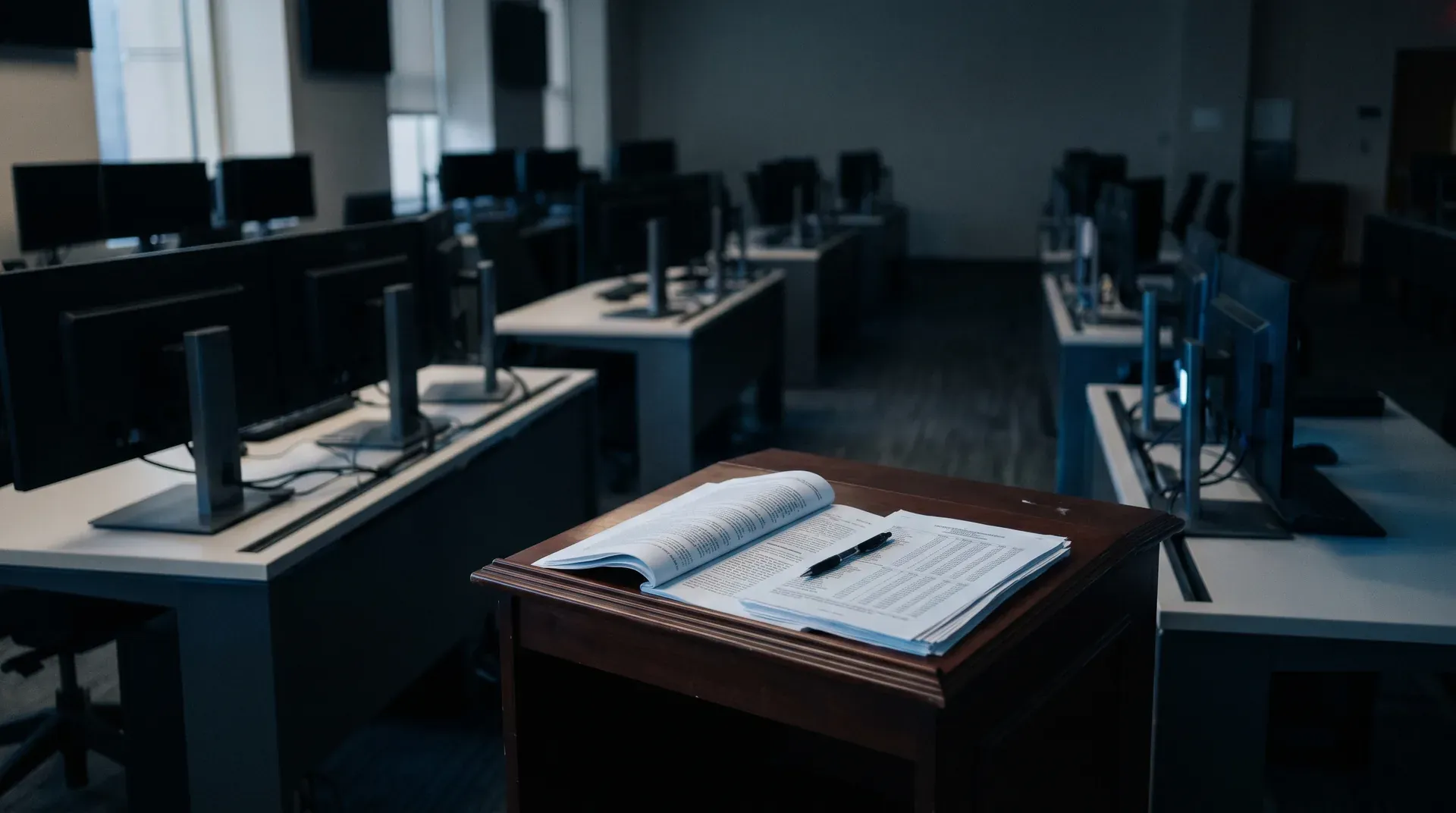 Lege computerlab met opengeslagen notitieboek op houten lessenaar, monitoren op achtergrond in donker licht