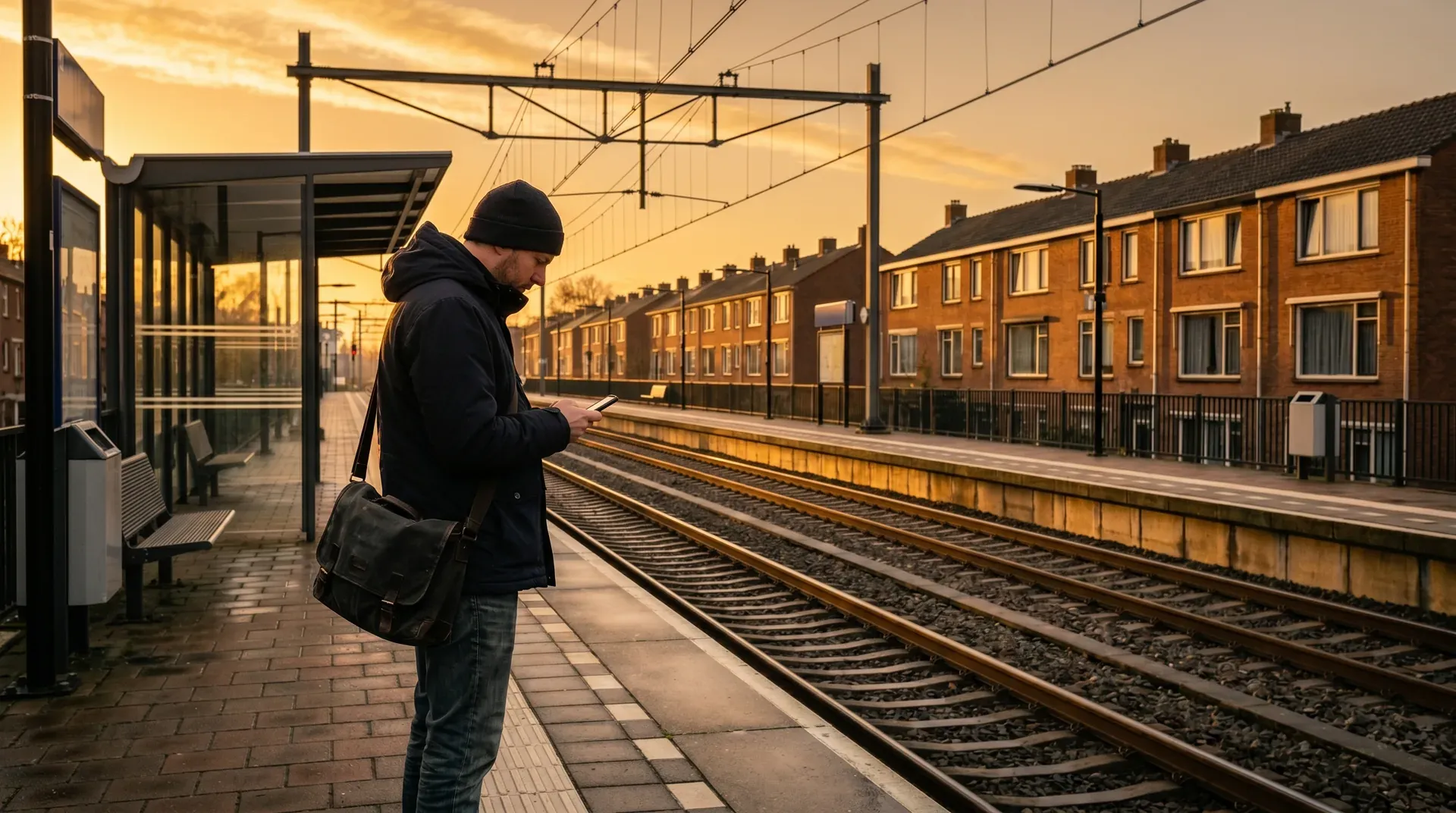 Man op treinperron bij zonsondergang met telefoon, huizenrij en sporen op achtergrond