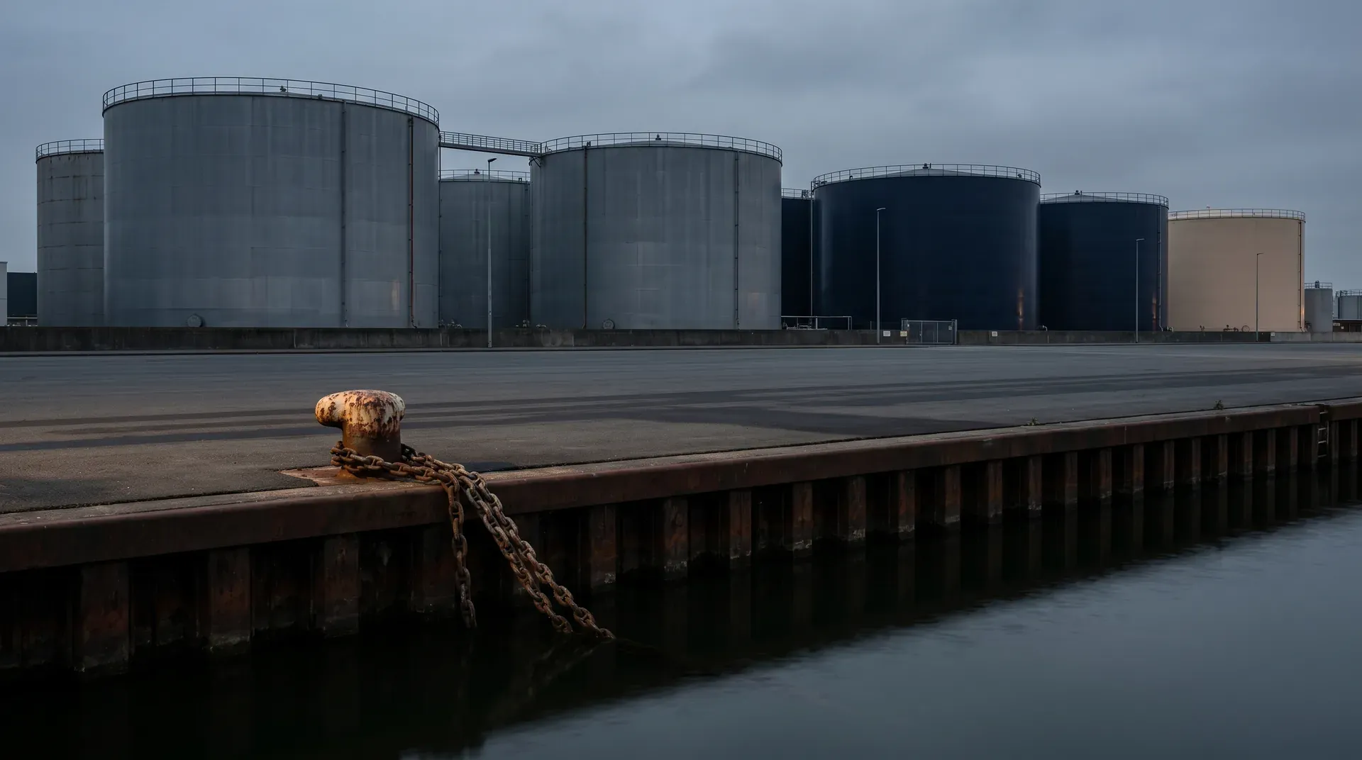 Industriële opslagtanks aan een havenkaai met roestig anker en kettingen in voorgrond