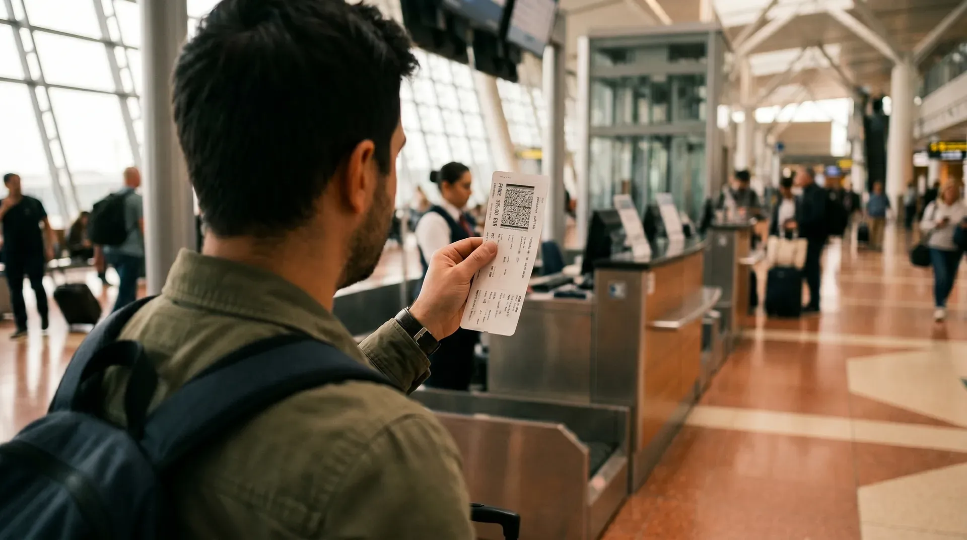 Man met boarding pass in luchthaven terminal, passagiers en bagagebalies op achtergrond