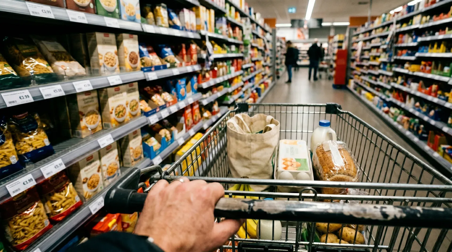 Winkelwagen met boodschappen in supermarktgang met voedselschappen en prijskaartjes