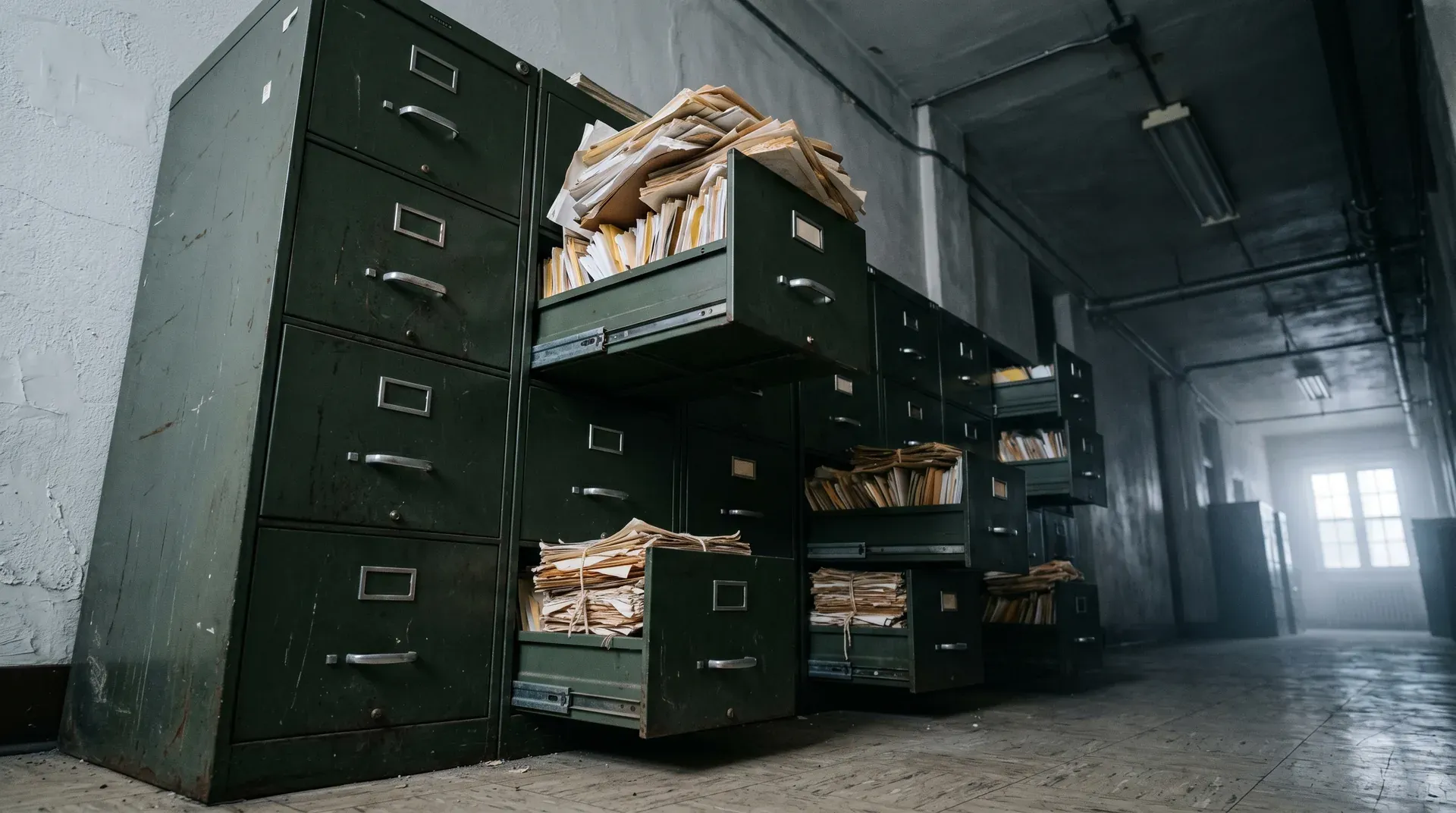 Groene archiefkasten met overvolle laden vol documenten en papieren in industrieel magazijn