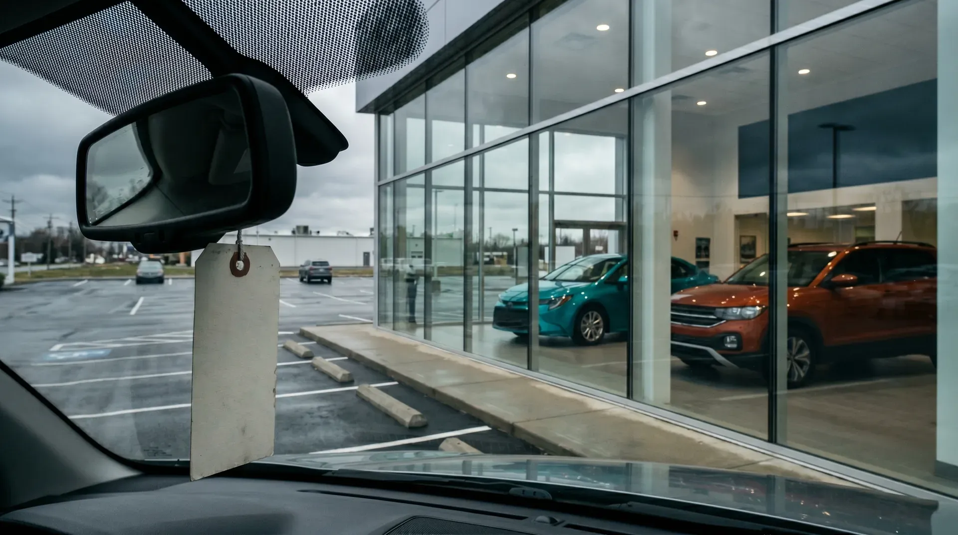 Uitzicht vanuit auto op autodealergebouw met gekleurde voertuigen achter grote glazen ramen
