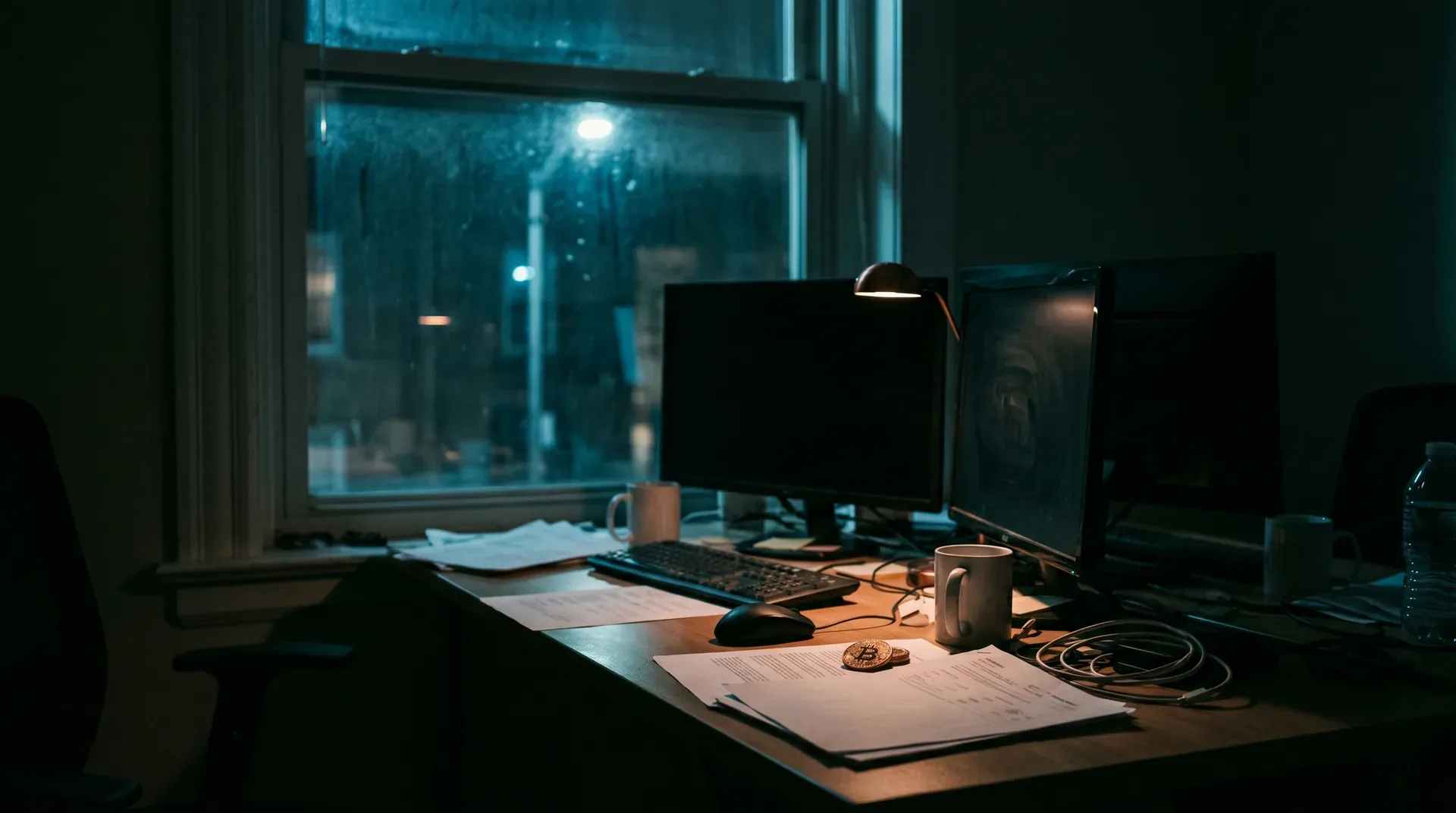 Nachtelijk kantoorbureau met monitor, documenten, koffiekopjes en Bitcoin-munt op tafel, raam op achtergrond.