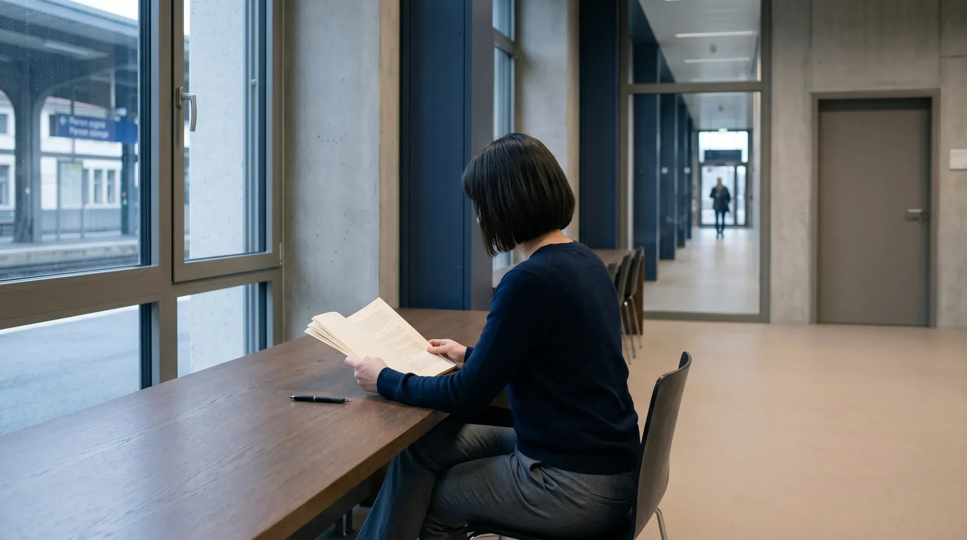 Vrouw aan tafel in modern kantoor leest document bij raam, corridor op achtergrond