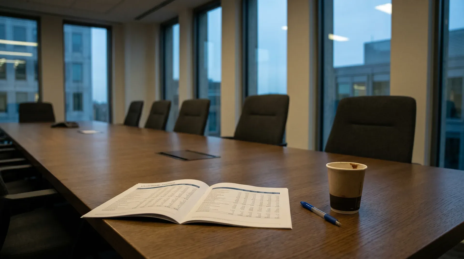 Conferentietafel met open spreadsheet, koffiekopje en pen, lege stoelen, ramen met stadsuitzicht