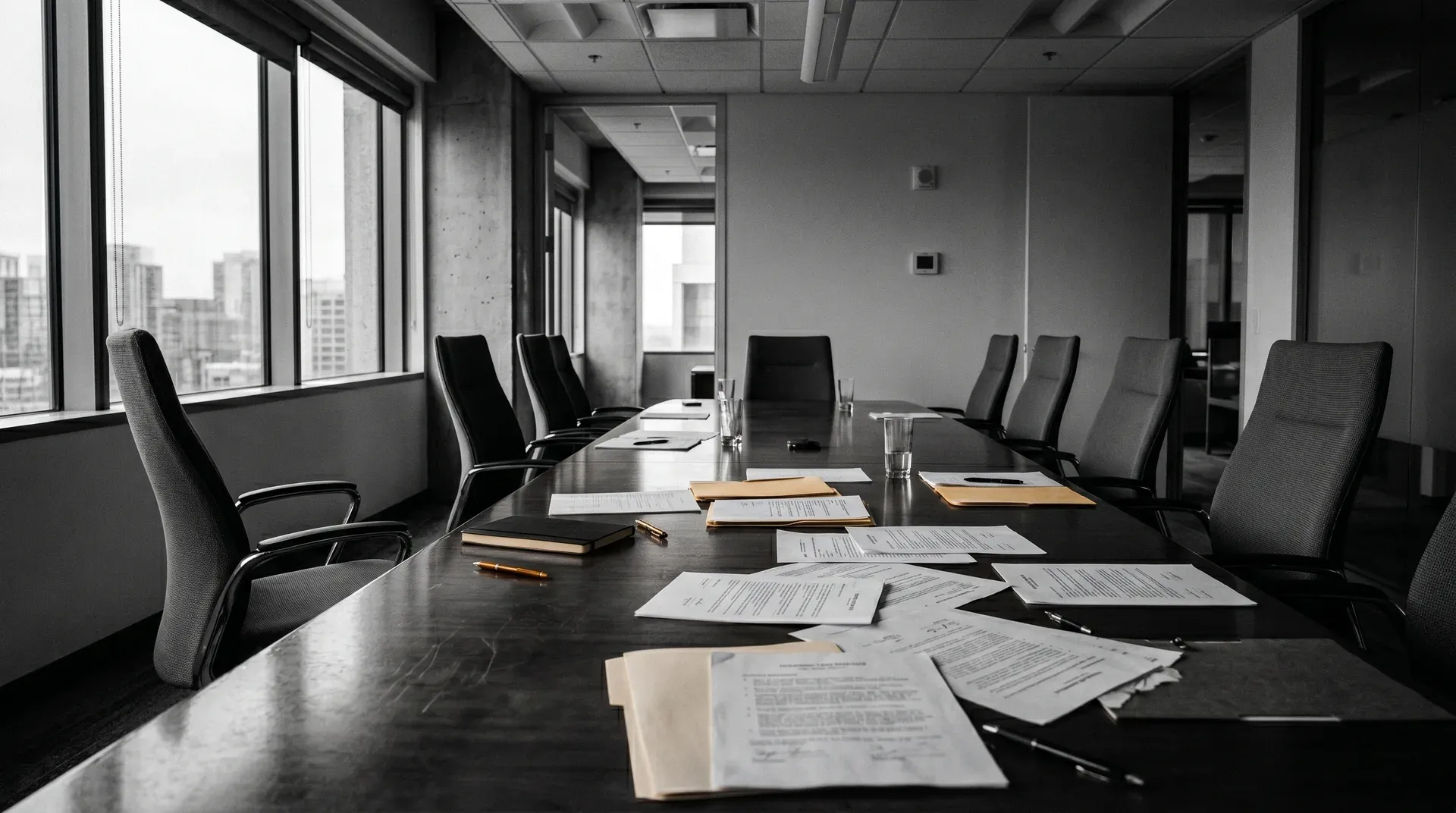 Leeg conferentiezaal op hoog niveau met documenten op tafel, zwarte stoelen en stadsuitzicht