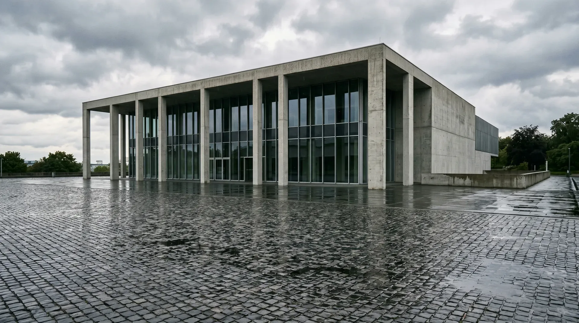 Modernistisch betonnen gebouw met grote glasoppervlakken onder bewolkte hemel, natte tegelvloer