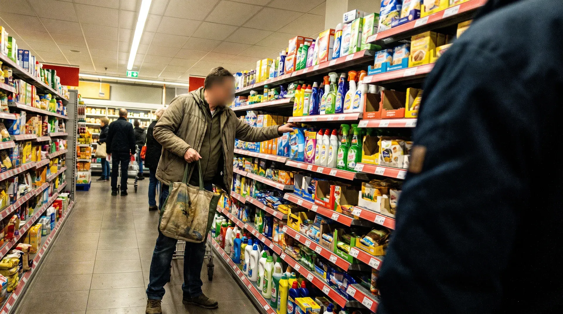 Man met winkelwagen in supermarktgang met schappen vol schoonmaakmiddelen en huishoudproducten