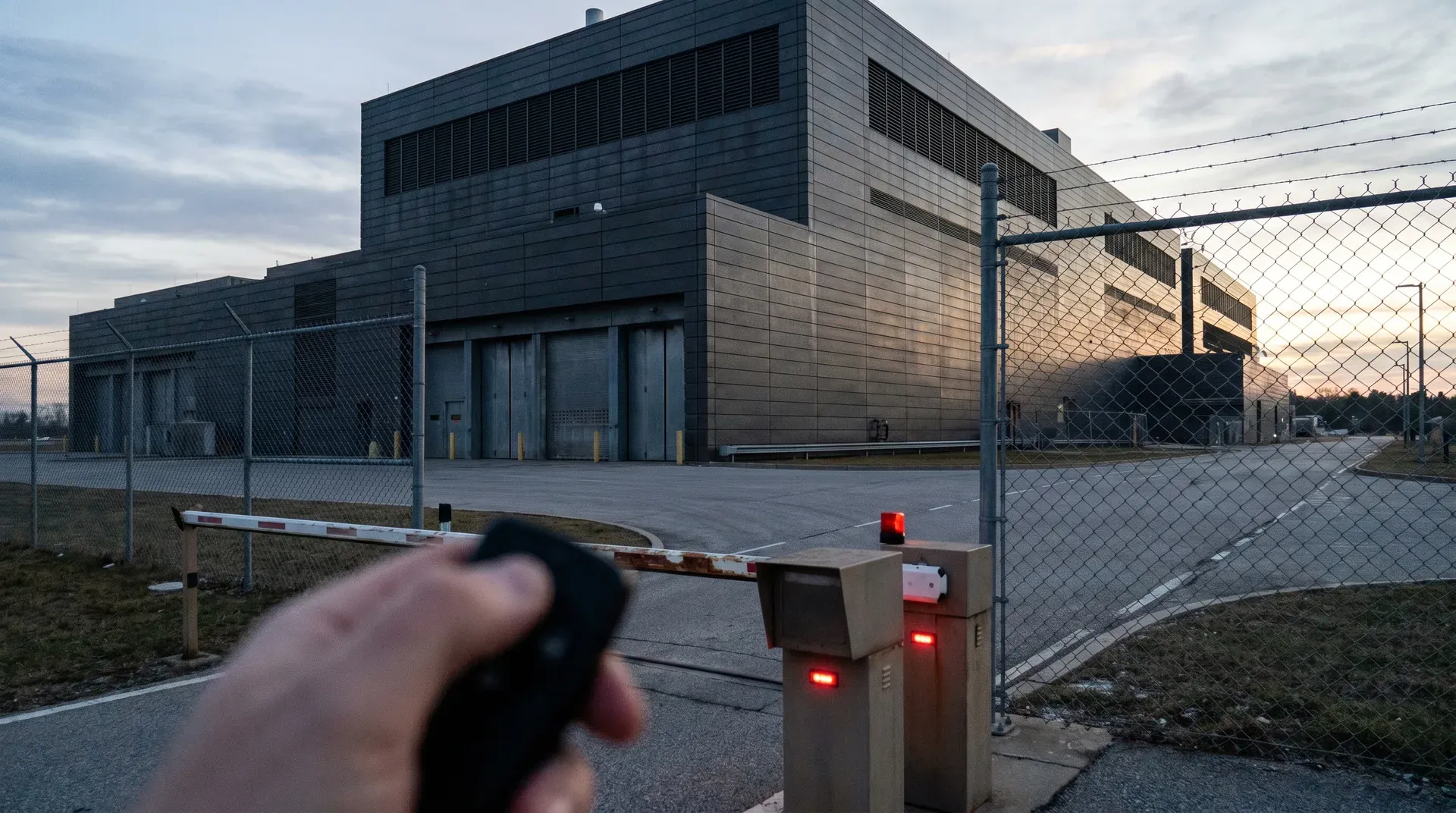 Persoon met afstandsbediening bij beveiligd industrieel complex met hekwerk bij schemering
