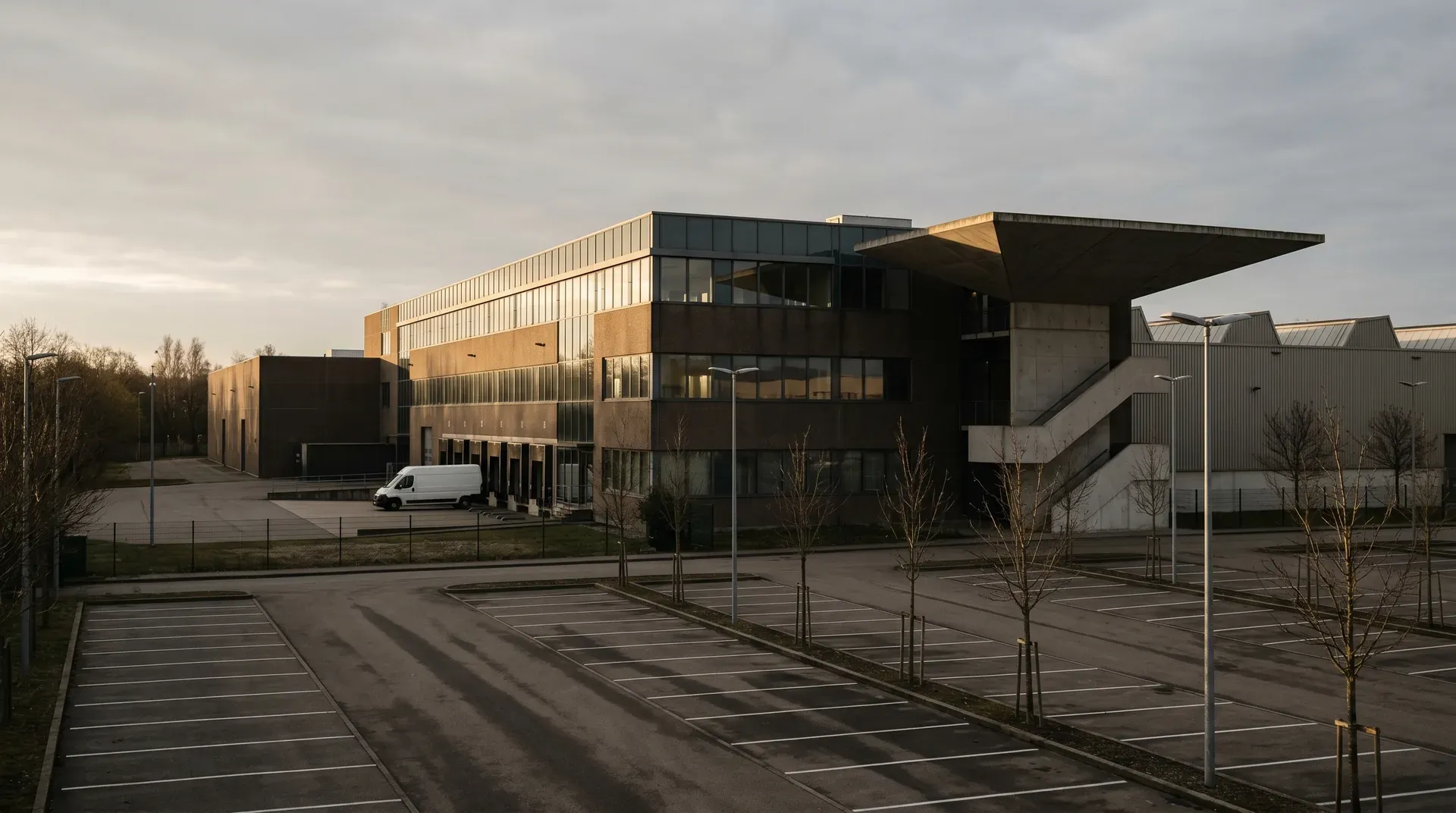 Modern bedrijfsgebouw met goudkleurige en zwarte gevel, parkeerplaatsen, spaarlampen en jonge bomen.