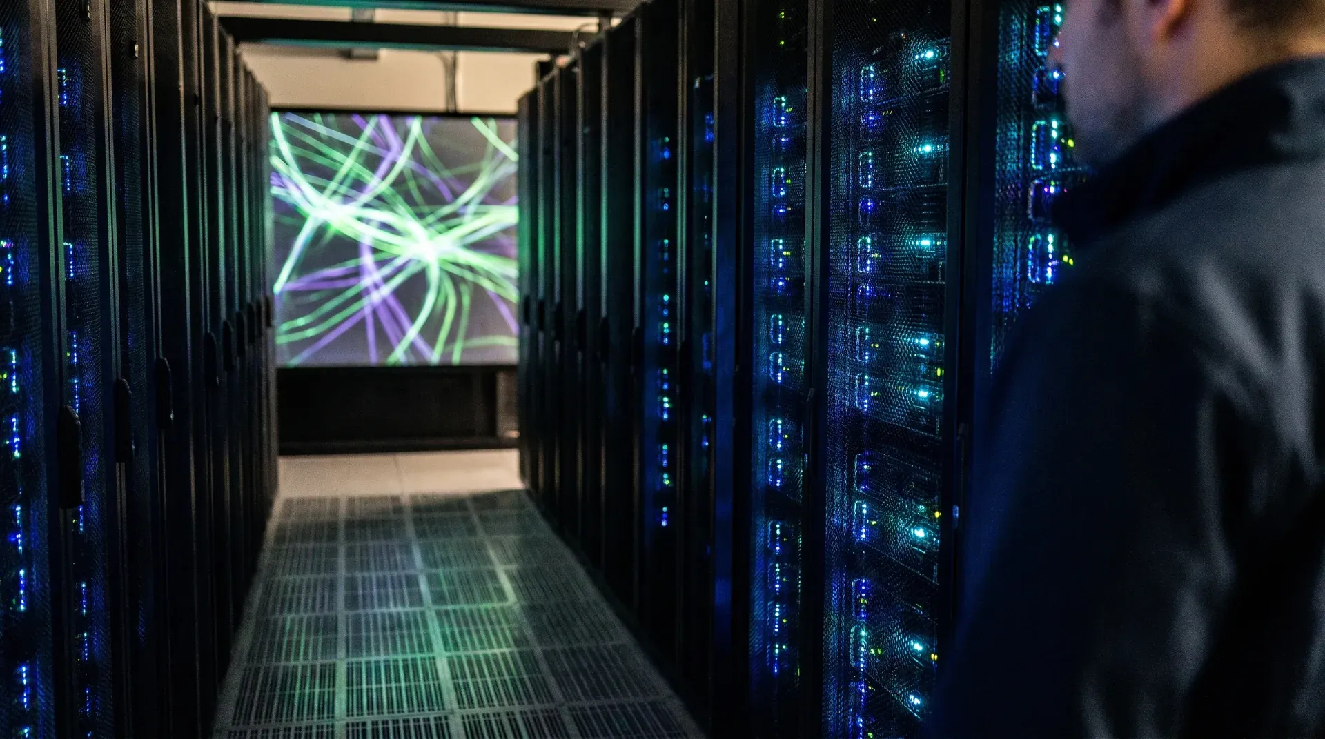 Serverruimte met verlichte racks en netwerkverbindingen op scherm in gang