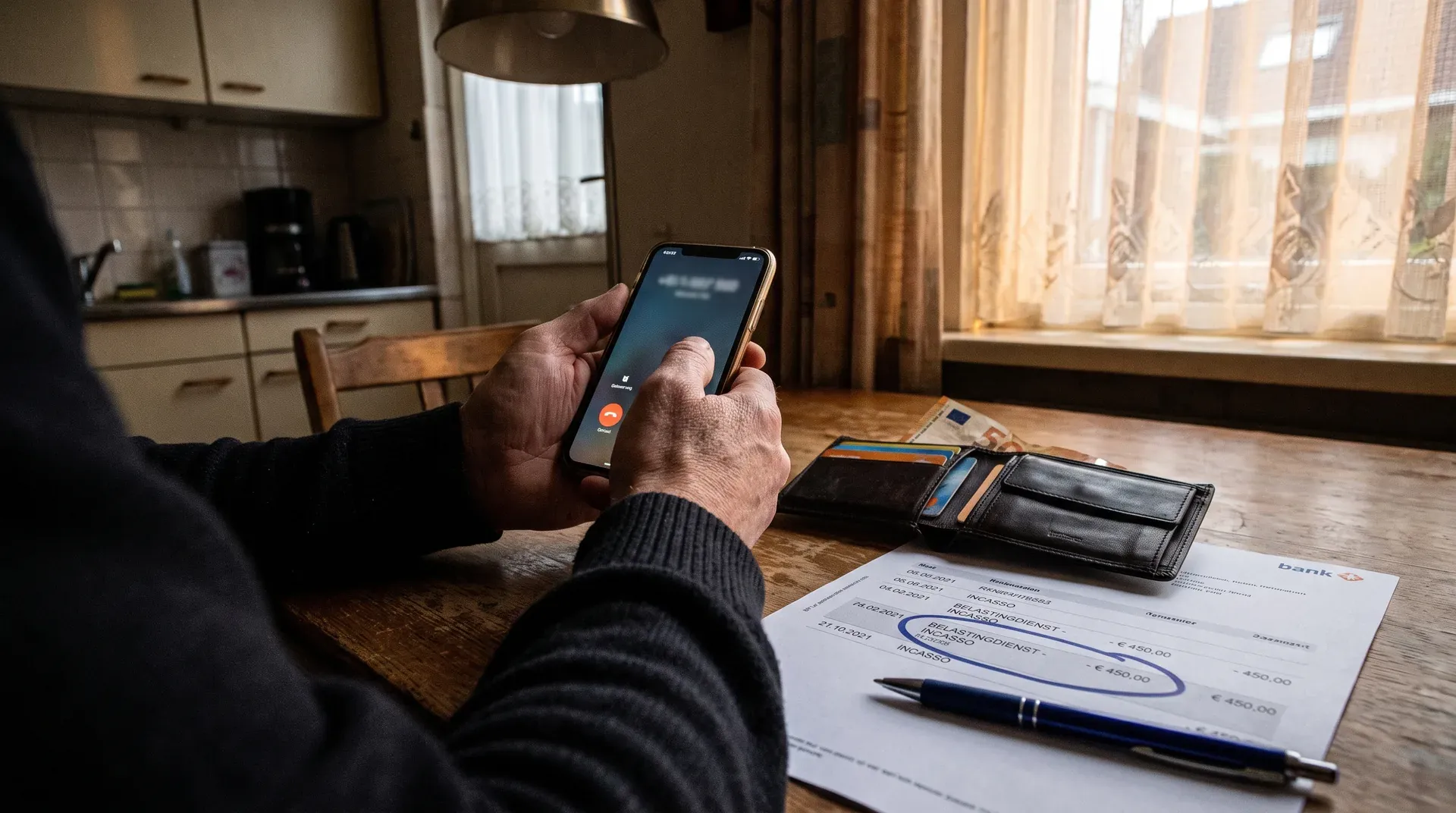 Man aan keukentafel met smartphone, bankafschrift en portemonnee zichtbaar