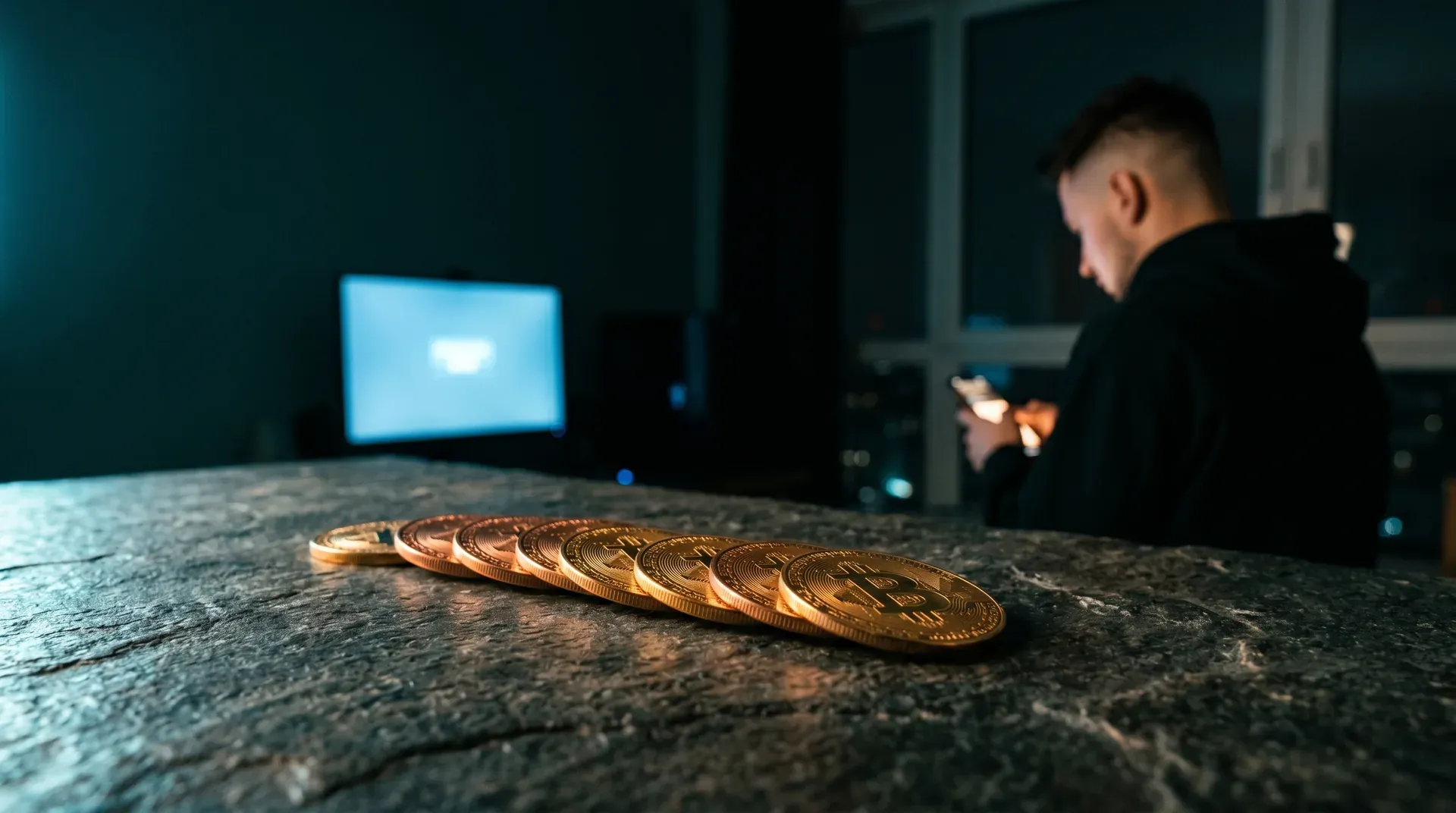 Rij gouden bitcoins op donkere tafel, persoon met telefoon op achtergrond bij blauwe schermen
