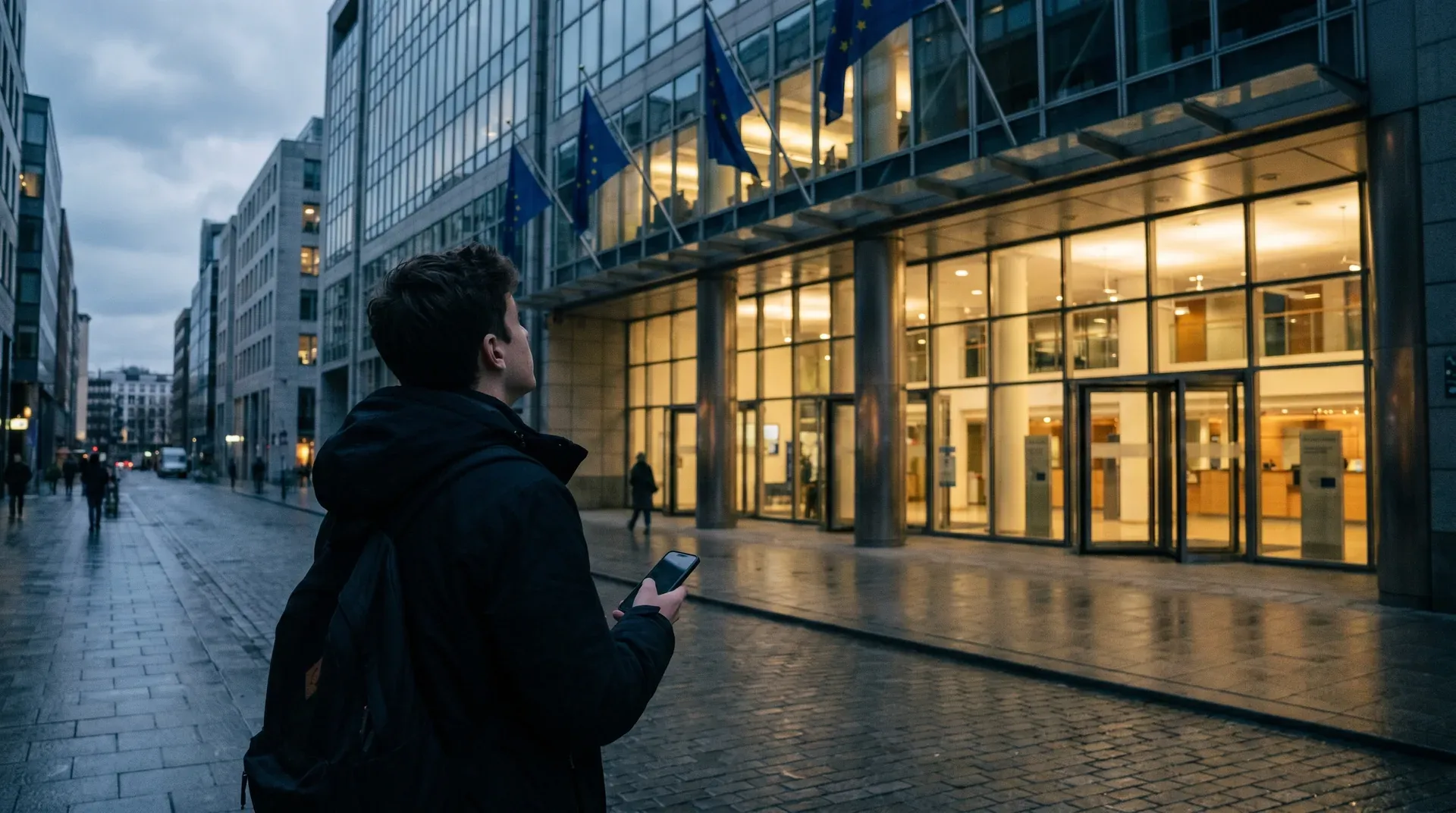 Man met smartphone op verlichte stadstraat voor modern kantoorgebouw met EU-vlaggen