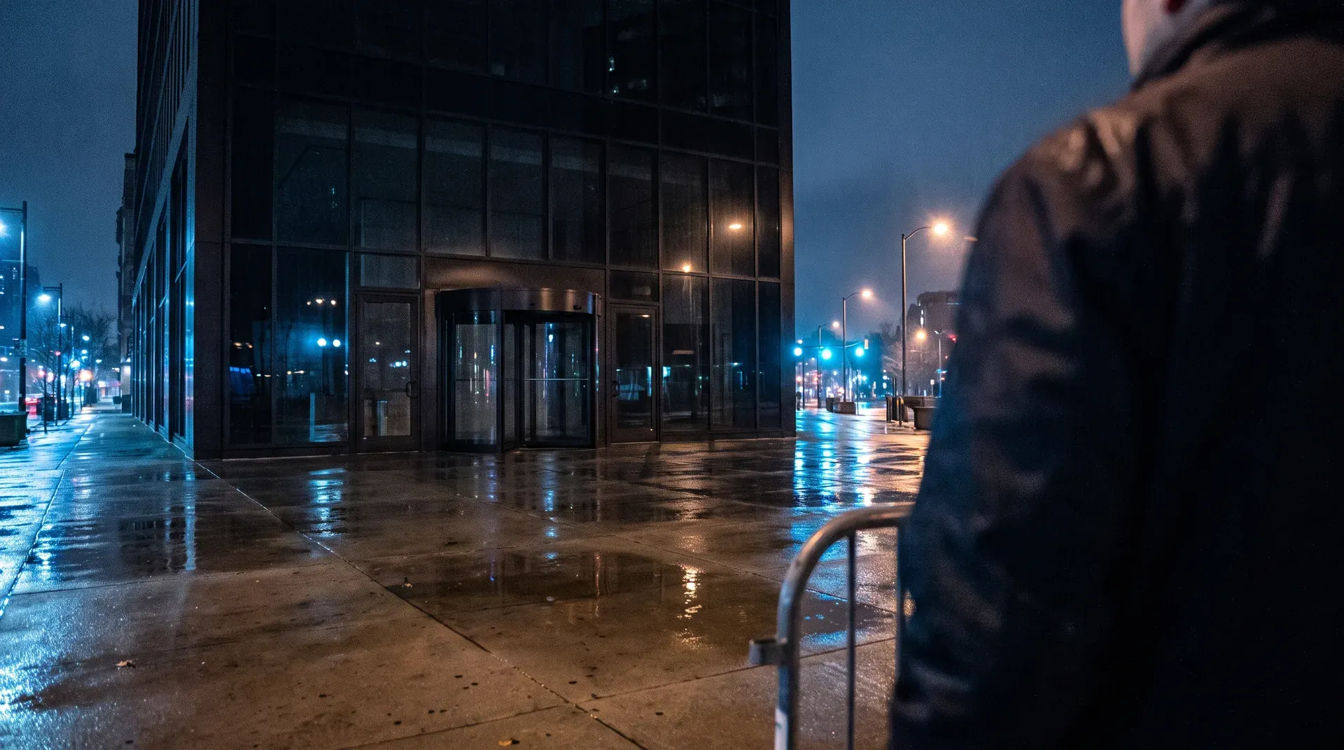 Natte stedelijke straat bij schemering met verlichte gebouwen en lantaarnpalen, verlaten voetpad
