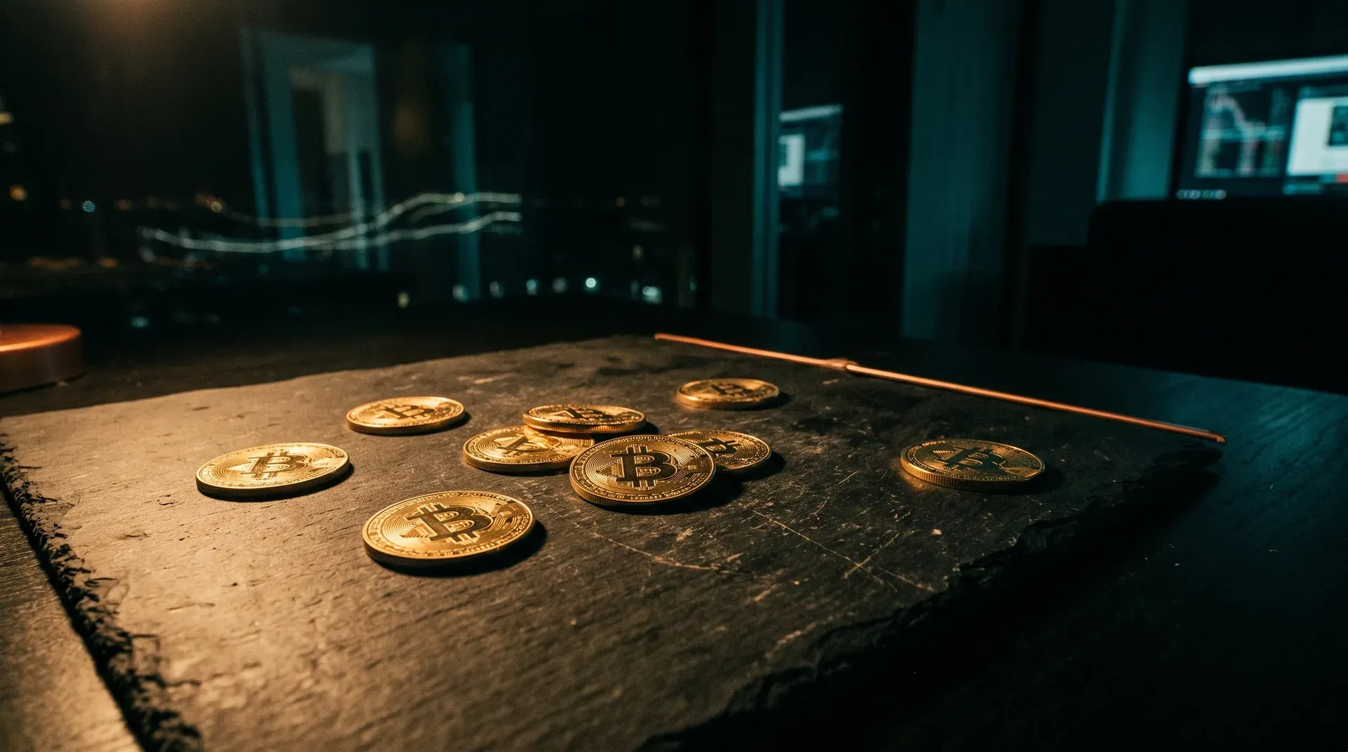 Gouden bitcoin-munten op donkere stenen tafel in donker kantoorinterieur met blauw licht