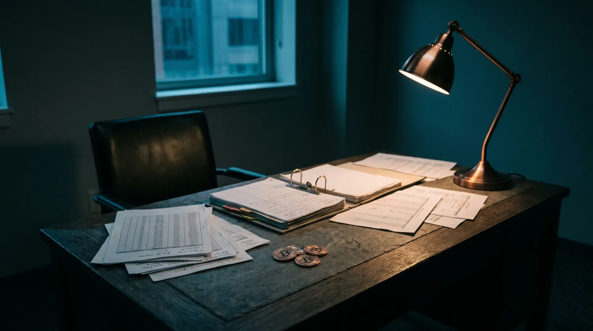 Donker bureau met verspreide documenten, ringbanden, bronzen bureaulamp en munten onder tealblauwe verlichting