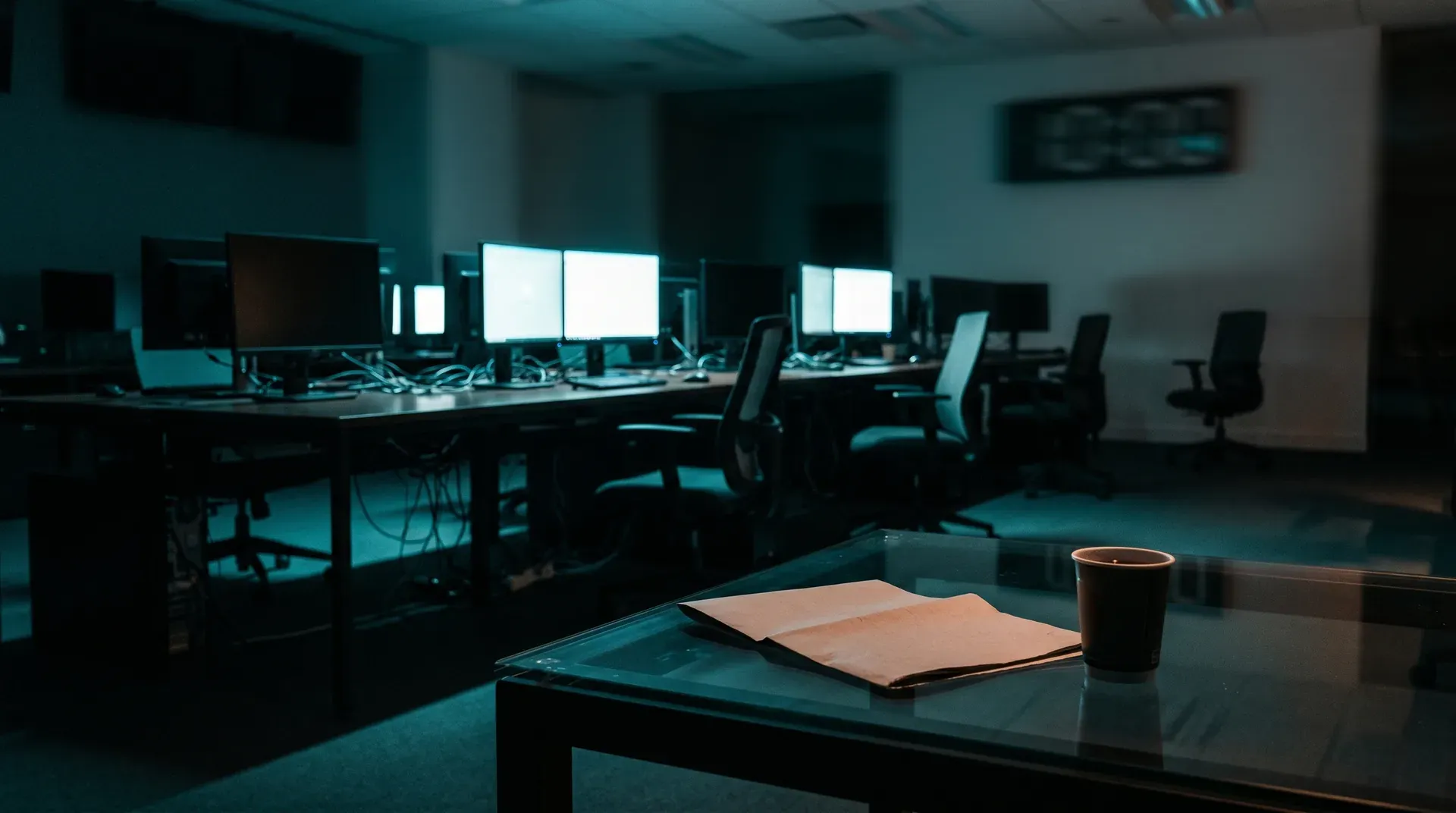 Verlaten computerlab met meerdere monitoren en bureaus in blauwgroen licht, koffiekop en notitieboek op voorgrond.