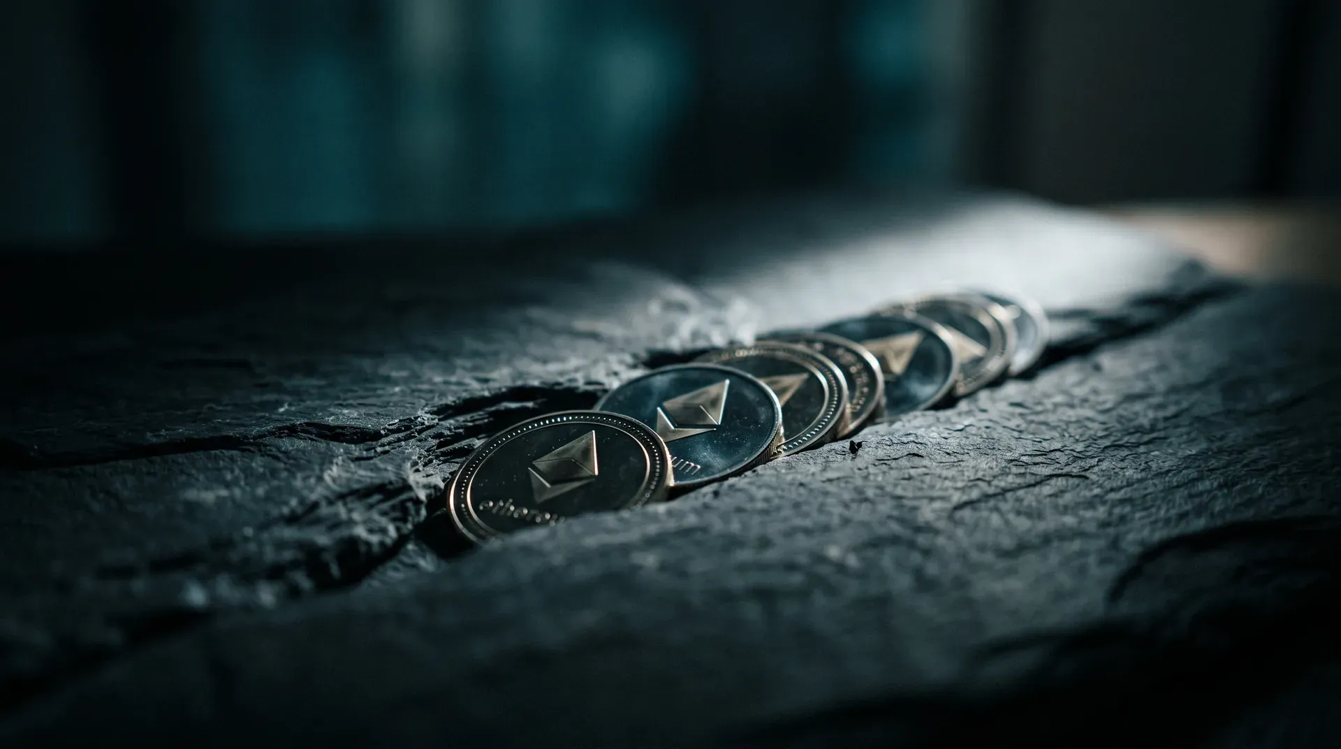Ethereum-munten op gebarsten donkere ondergrond met touw, close-up fotografie
