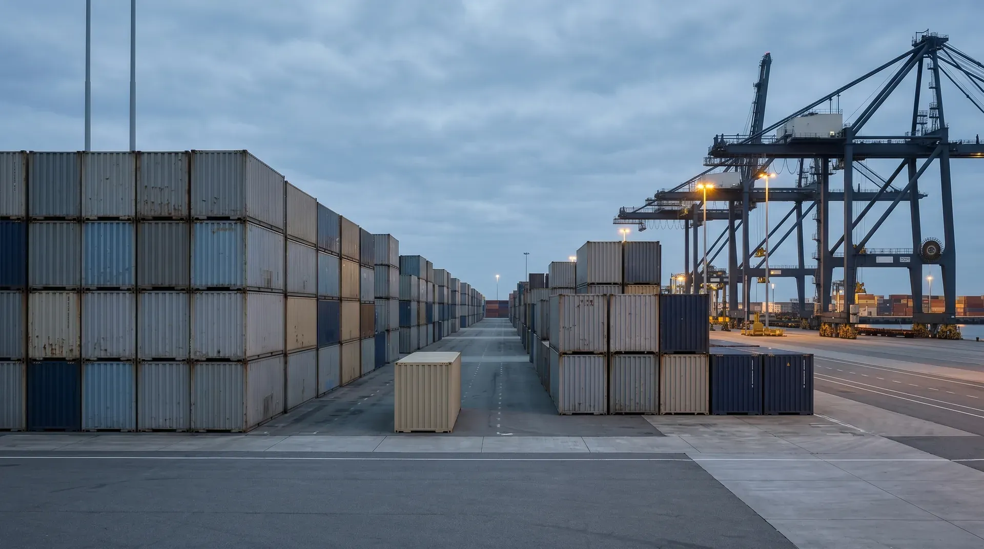 Containerterminal bij schemering met gestapelde containers, verlichte havenkasten en kranen op achtergrond.