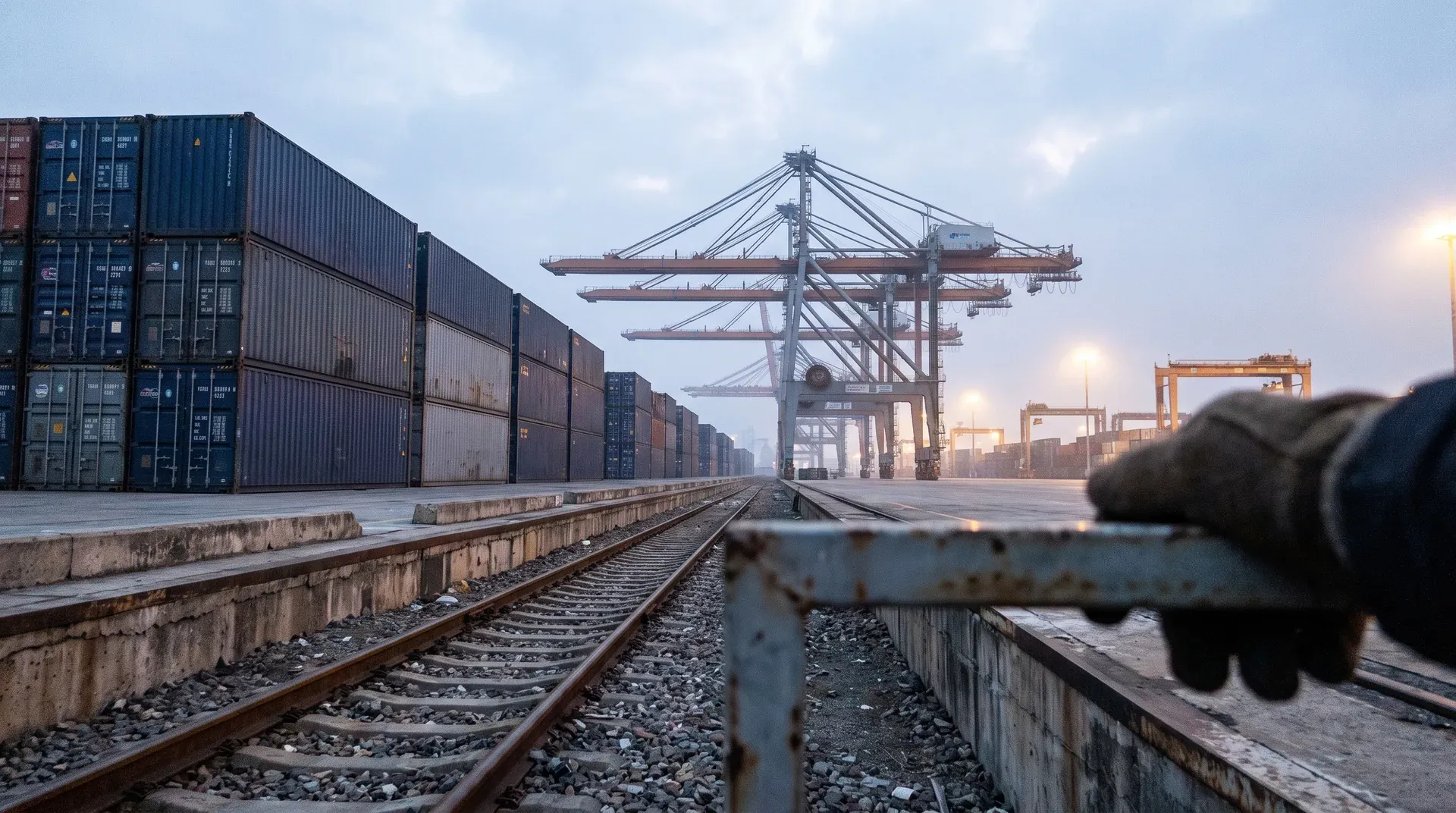 Containerterminal bij zonsopgang met vrachtschepen, laadkranen en stappels containers langs spoorlijnen.