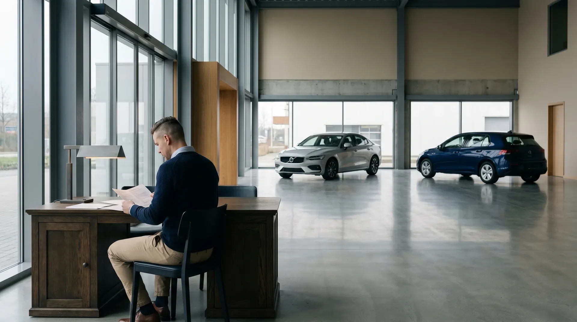 Man aan bureau werkt aan documenten in modern showroom met luxe auto's achter glazen wand