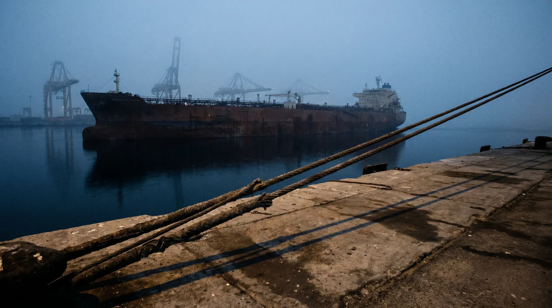 Tanker aangemeerd in mistige haven met laadkranen op achtergrond, ankerlijnen op vervallen kade