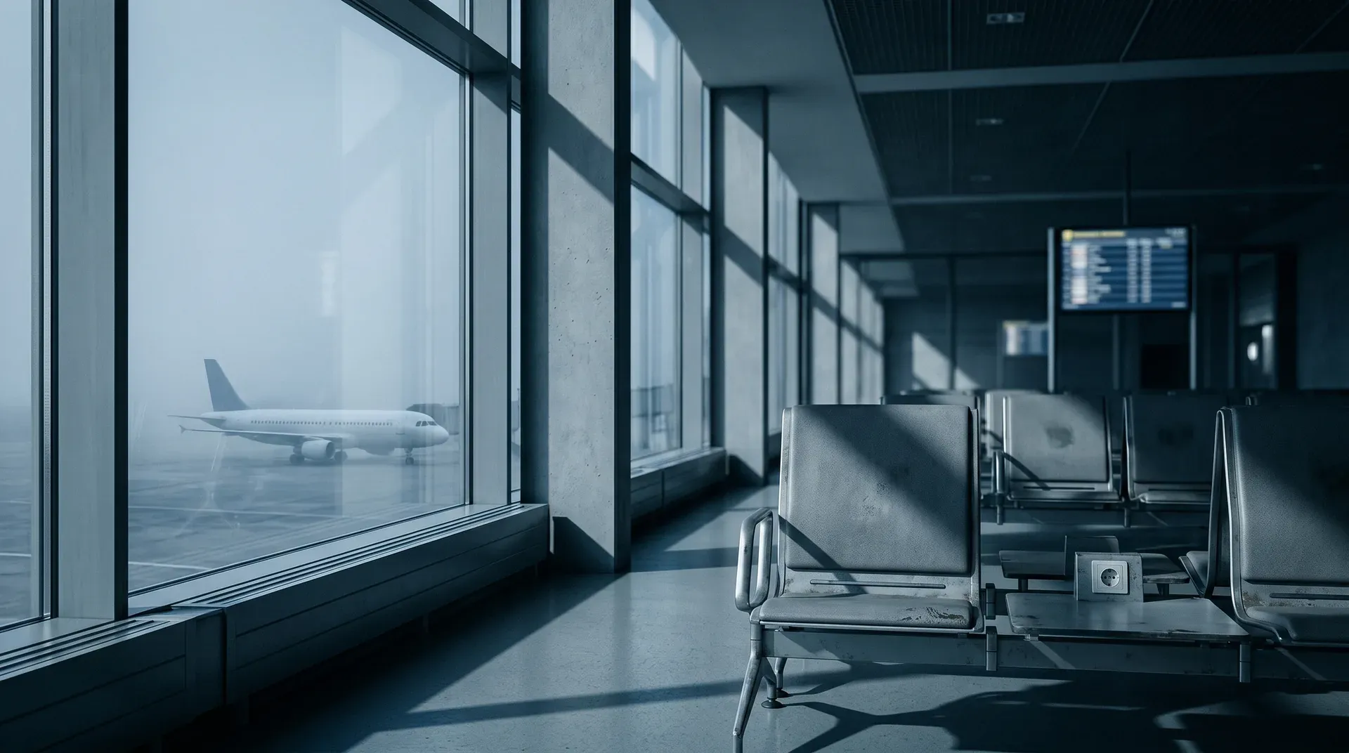 Luchthaven terminal met raam op vliegtuig, lege stoelen en informatiescherm zichtbaar