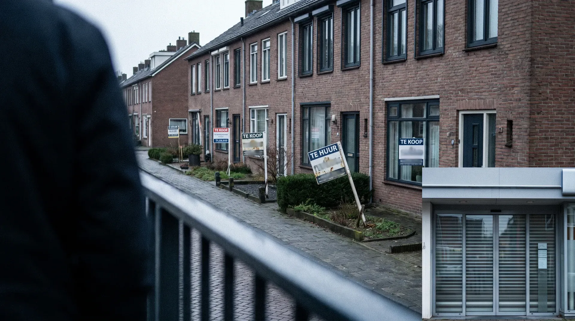Rij Nederlandse rijtjeshuizen met 'te koop' borden langs een straat met bakstenen gevel