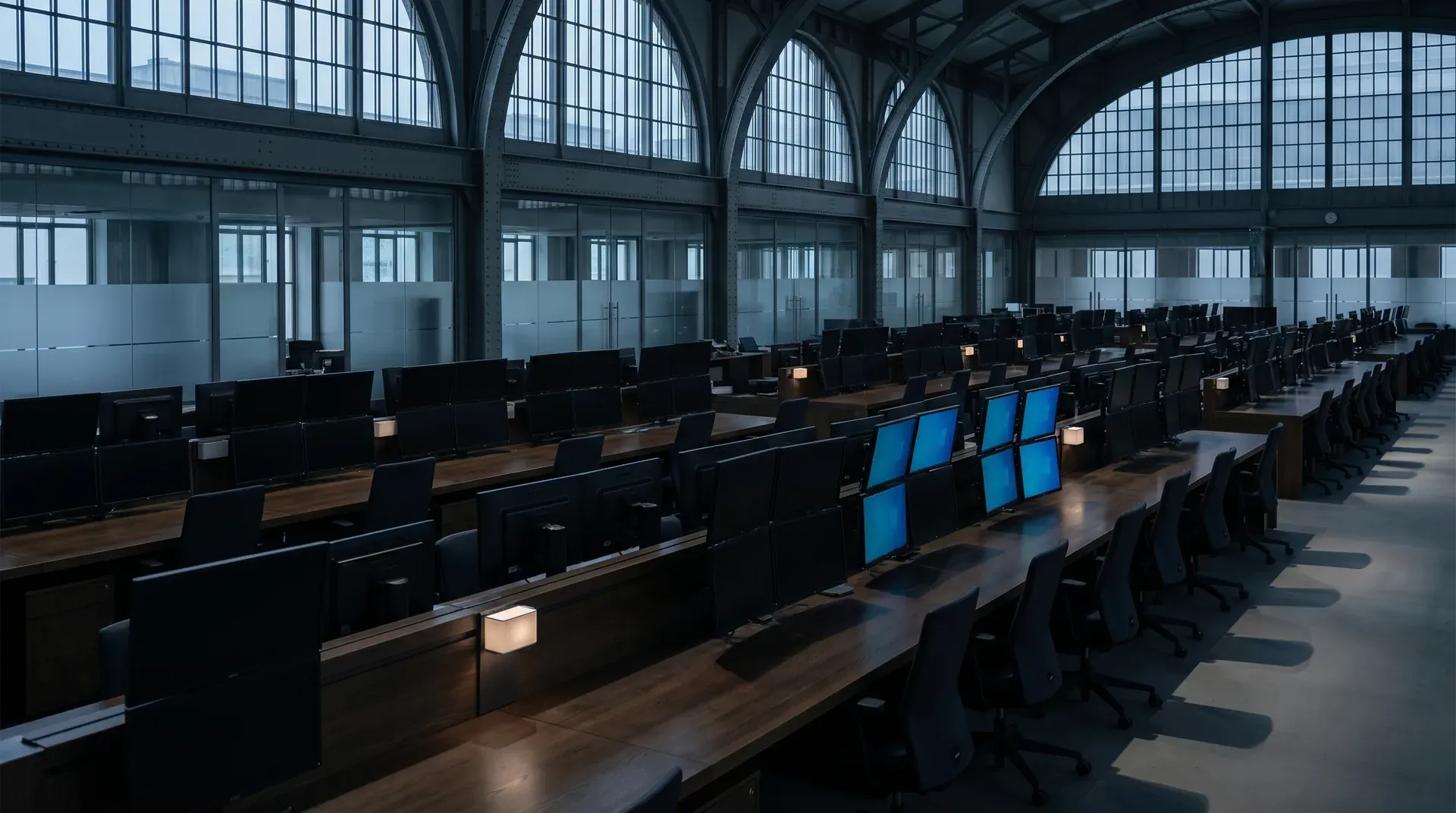 Groot leeg kantoor met rijen computerworkstations, donkere stoelen, hoge ramen en industriële dakstructuur.