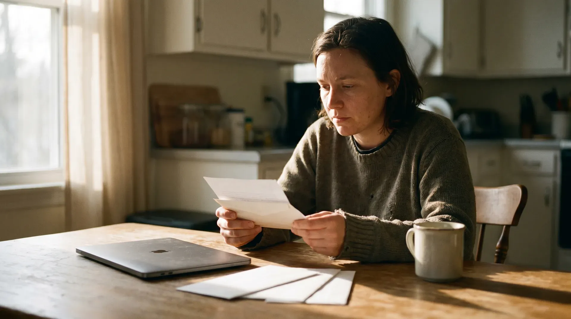 Vrouw aan keukentafel leest document, laptop en koffiekop op tafel, natuurlijk licht