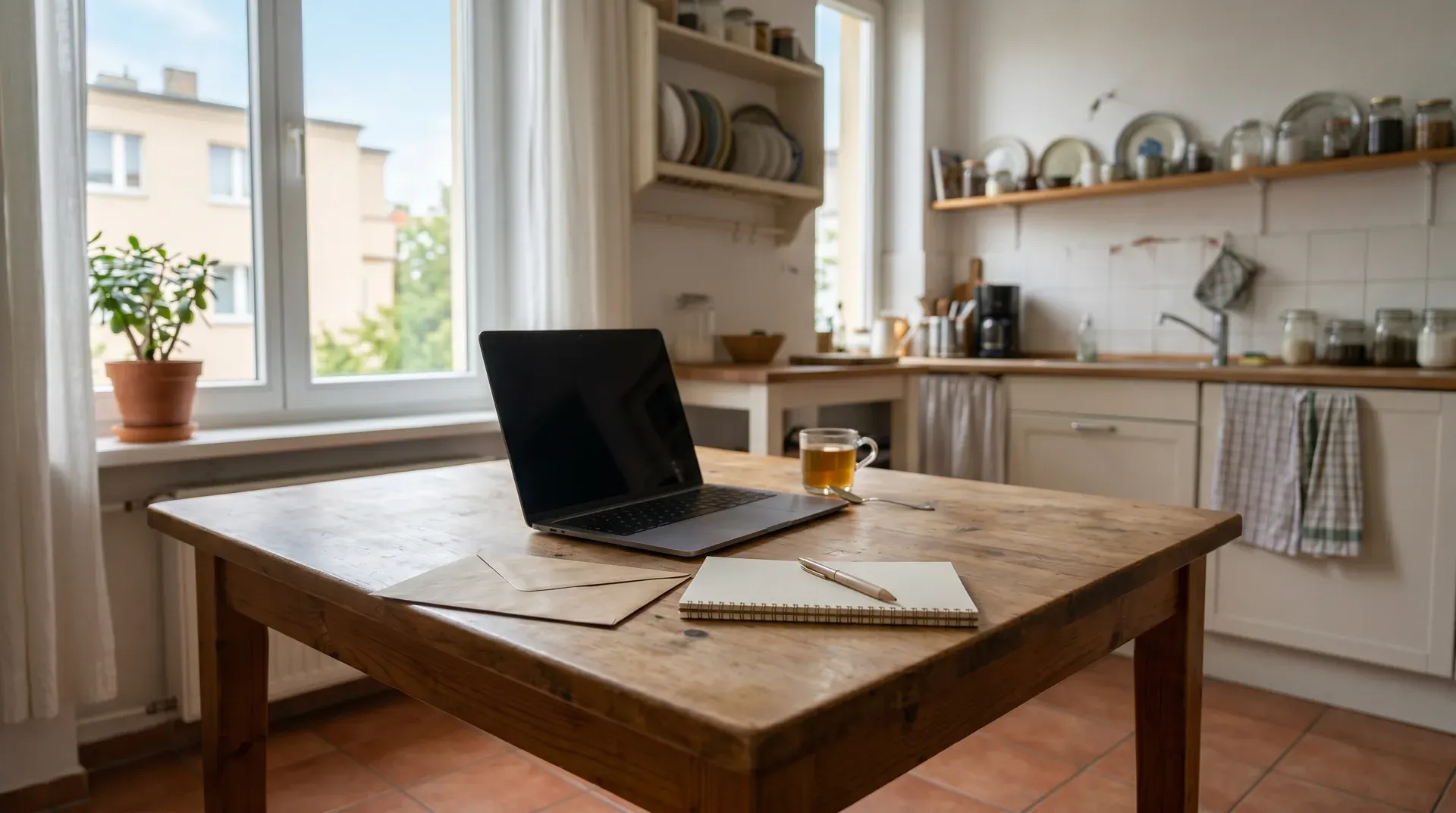 Houten keukentafel met laptop, notitieboek en theekopje bij raam met uitzicht