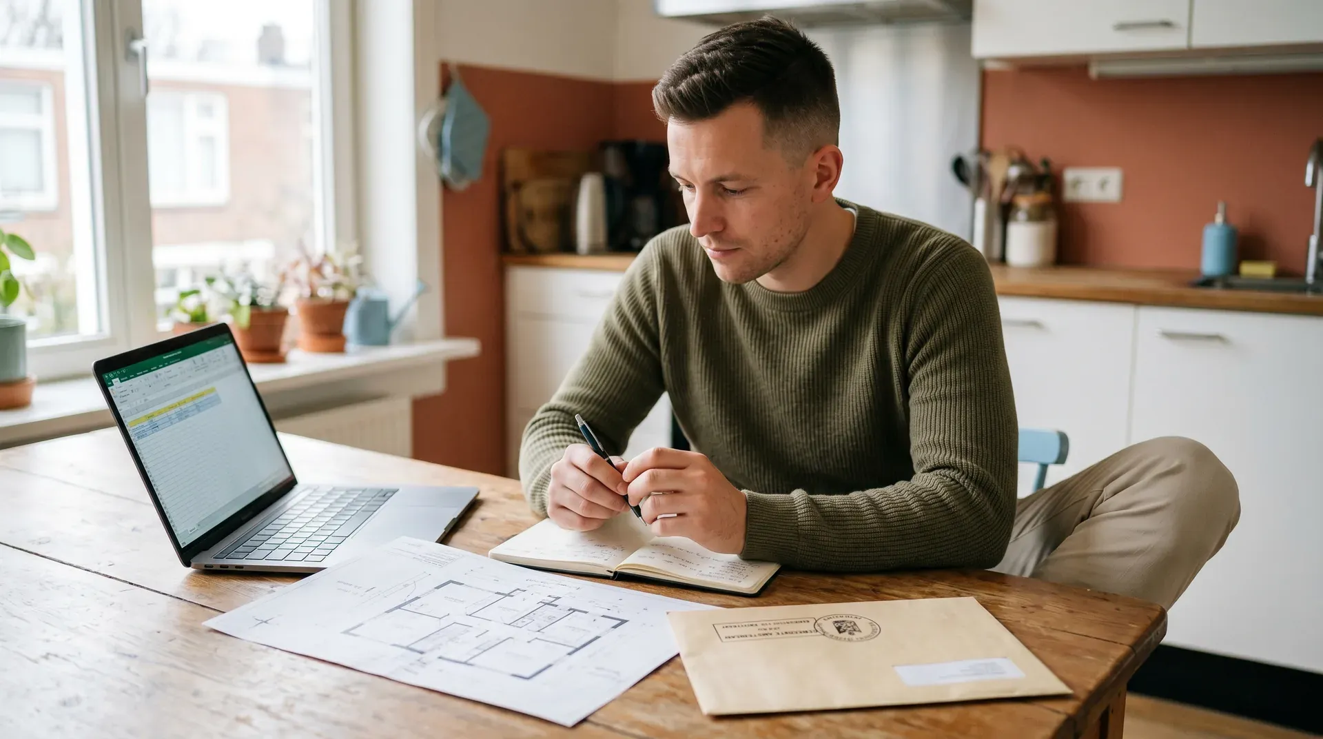 Man aan keukentafel met laptop, blauwdruk en notitieboek, schrijvend met pen
