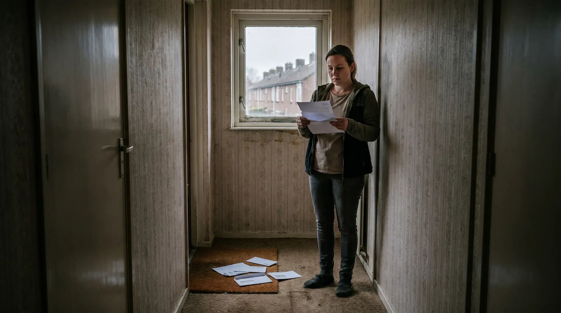Vrouw in halletje leest brief, documenten op grond, raam met huizenrij op achtergrond