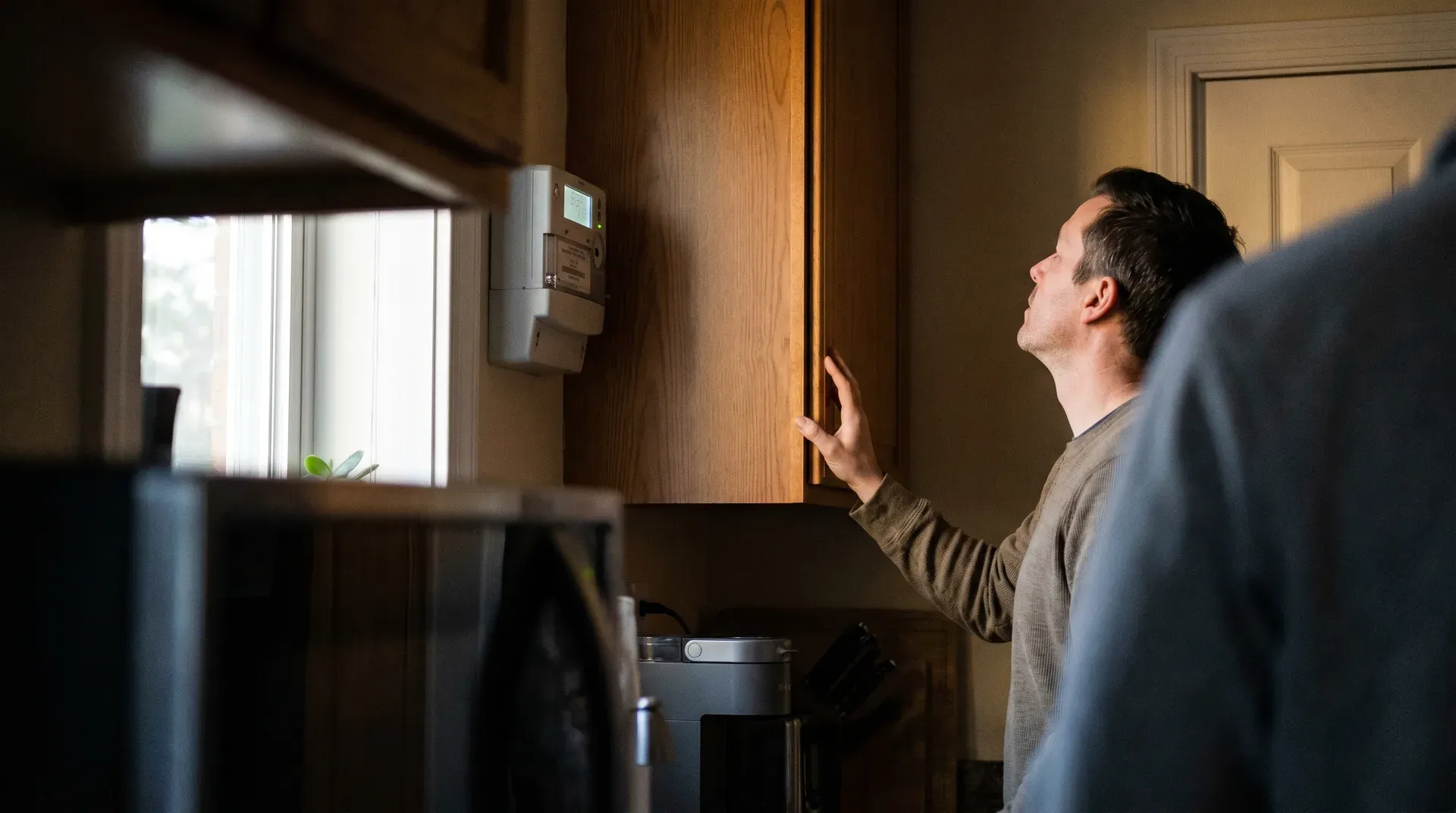 Man bekijkt thermostaat aan muur in woonkamer met warm natuurlijk licht