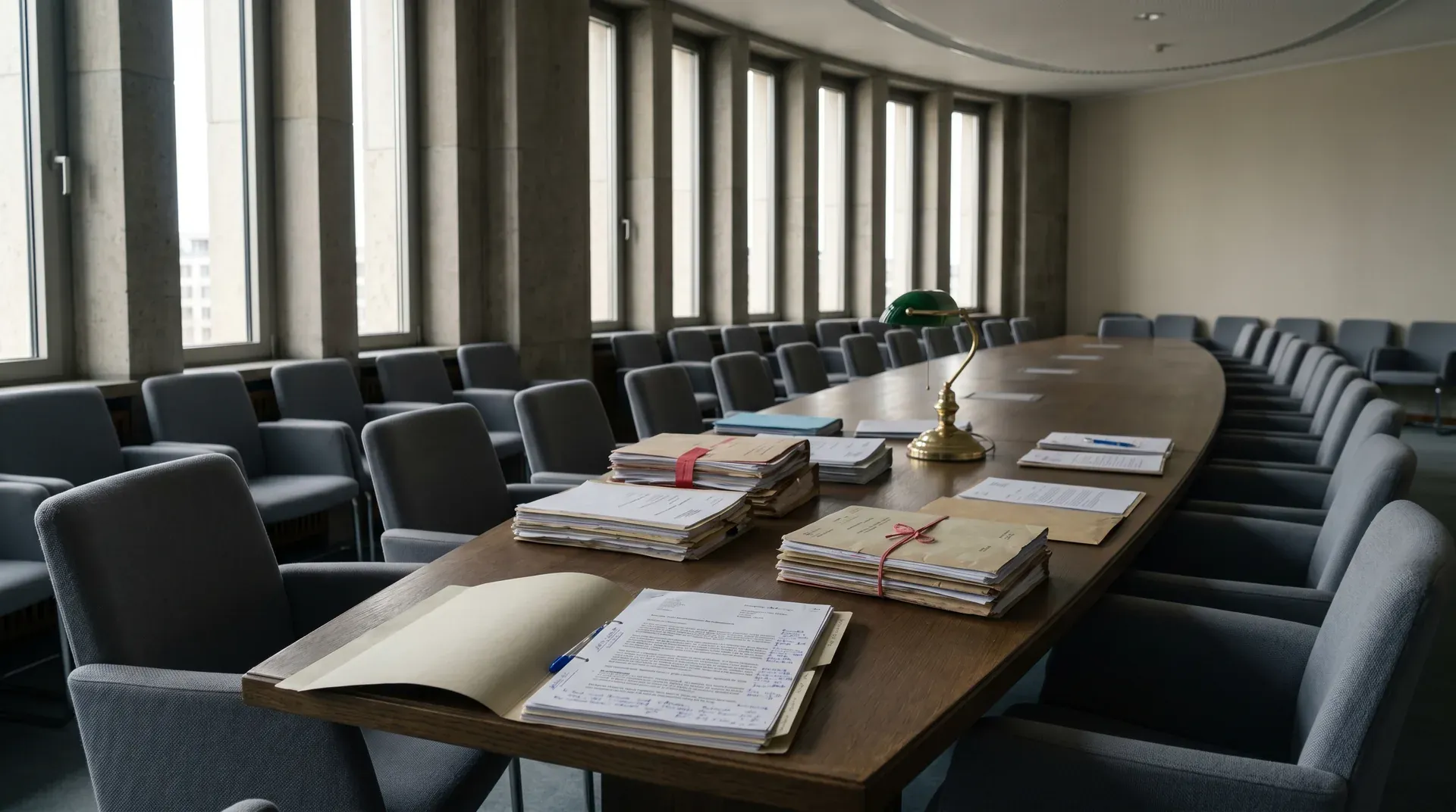 Conferentiezaal met lange tafel, documenten, stapels papieren en een bureaulamp, rijen lege stoelen