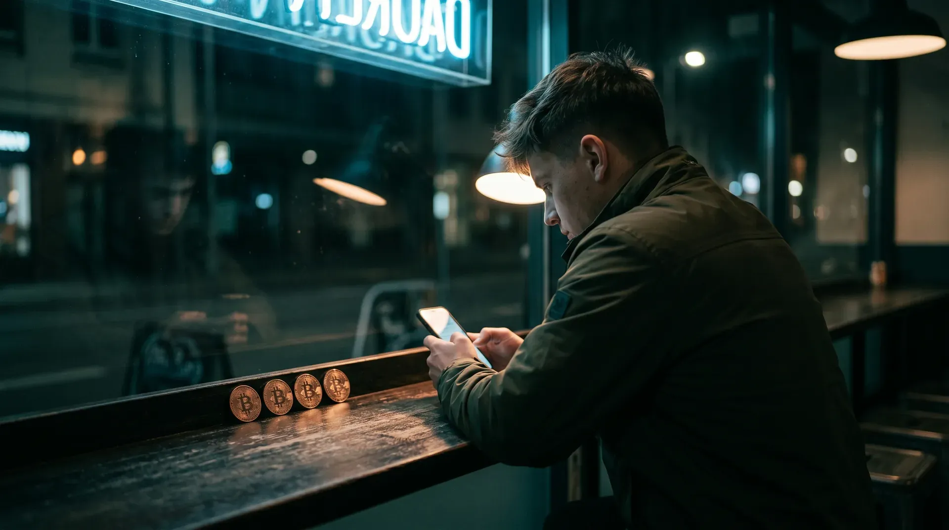 Man in donkere jas buiten 's nachts met smartphone, vier bitcoins op tafel voor hem